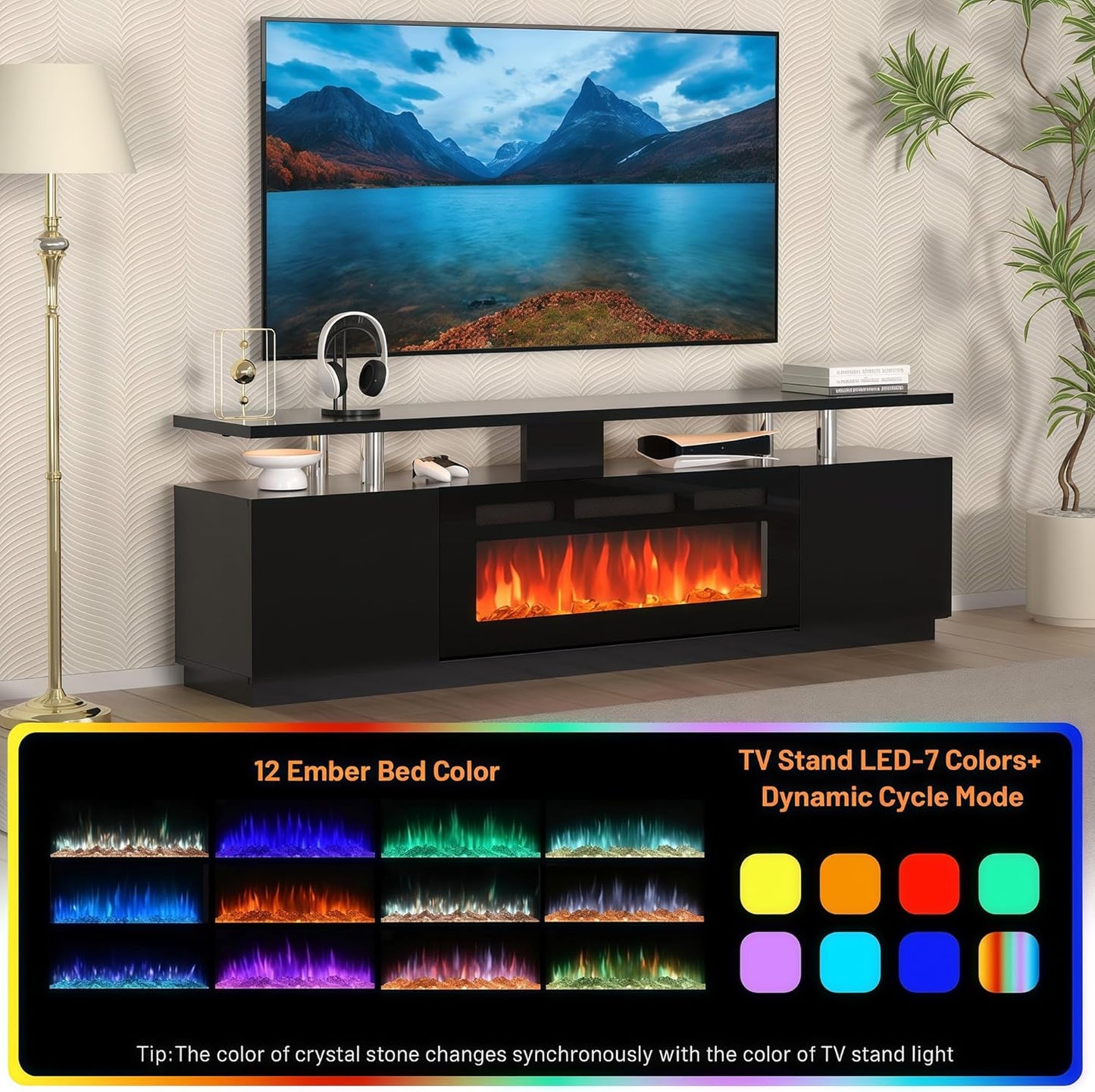 70" Fireplace TV Stand for TVs Up to 80", Entertainment Center with 36inch Fireplace, 12 Flame & LED Colors, 2-Tier TV Console & Storage Cabinet