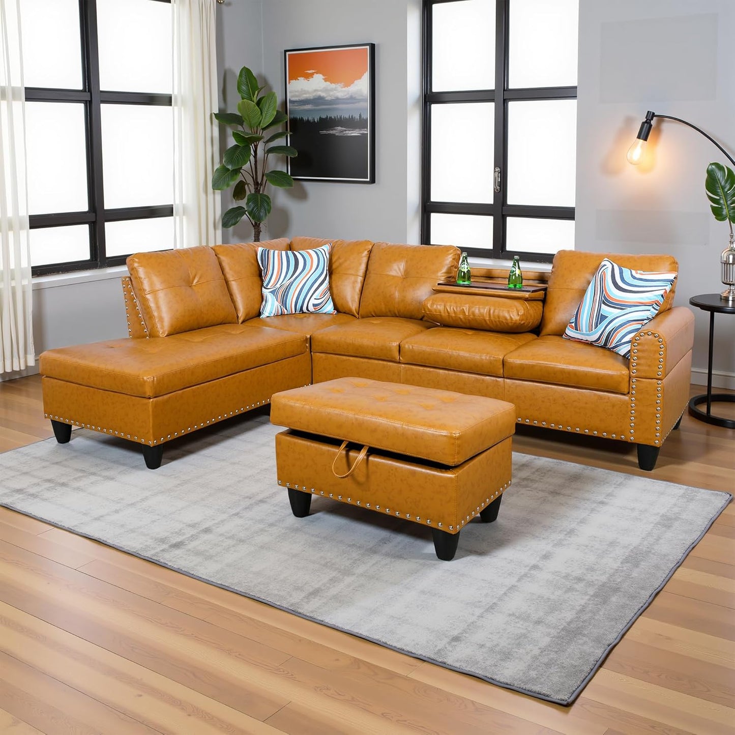 L Shaped Couch PU Leather Sectional Couch Upholstered 3 Pieces Sofas for Living Room with Chaise, Storage Ottoman for Office and Small Apartment, Ginger