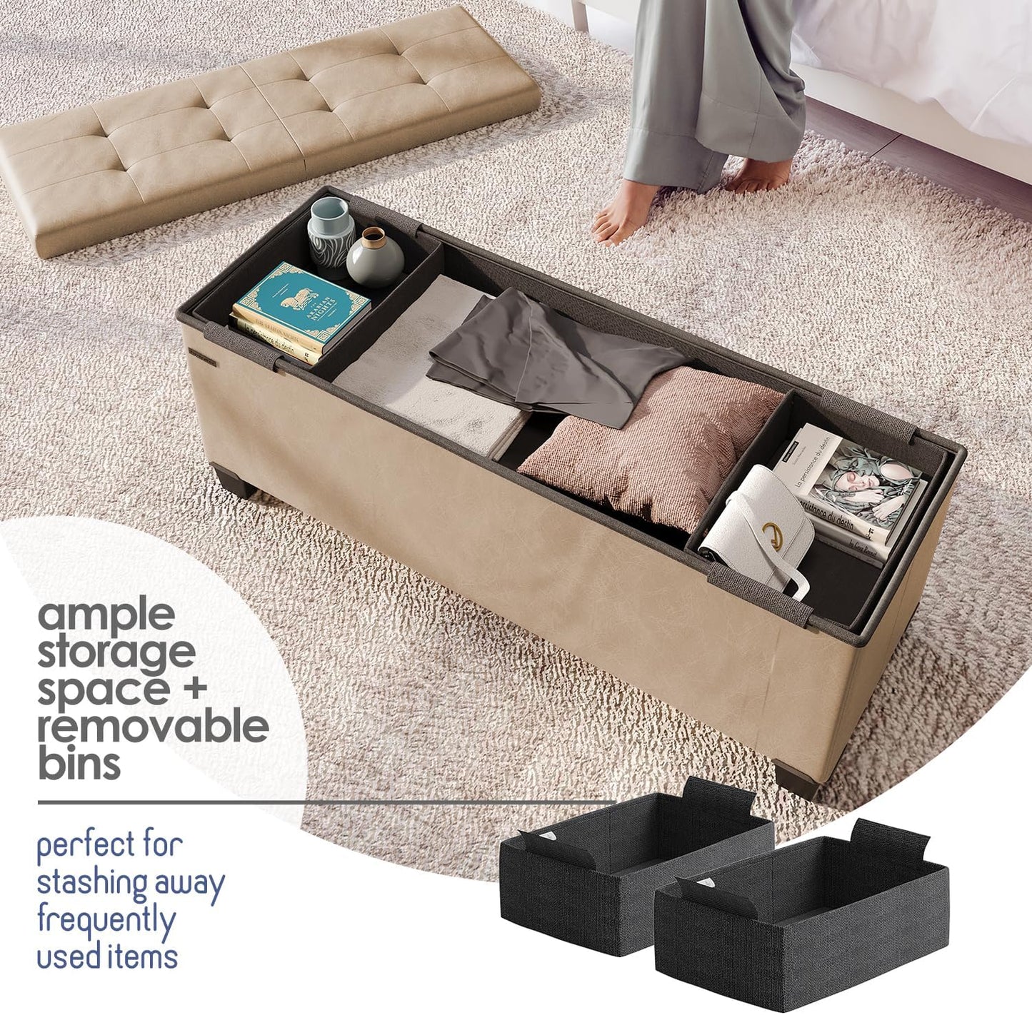 STORAGEBUD Storage Ottoman Bench with Bins, 43-in Storage Bench for Bedroom End of Bed, Folding Foot Rest Ottoman for Living Room Max 660lbs, Faux Leather Ottomans, Taupe