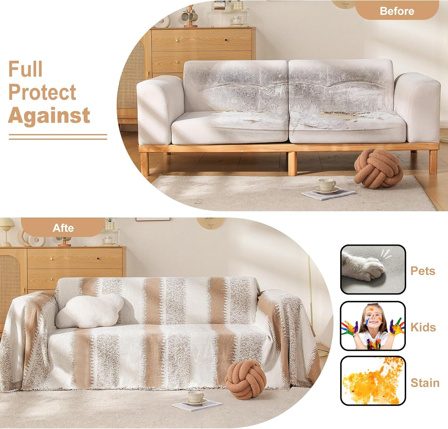 Boho Couch Cover, Sofa Cover, Sofa Covers for 2 Cushion Couch, Washable Sectional Couch Covers for Dogs Pet Furniture Protector Couch Cover Blanket for Living Room (1# Khaki, 71" x 118")