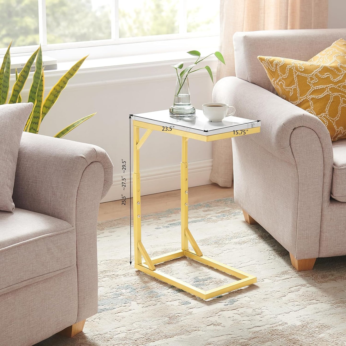 C-Shaped End Table, Small Sofa Table with Metal Frame, Adjustable Height Side Table for Couch, Living Room, Bedroom, Bedside (Gold, Large)