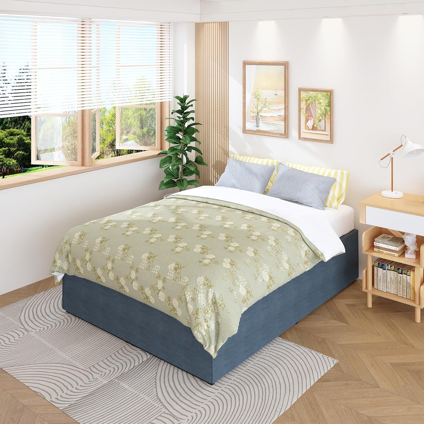 18 Inch King Bed Frame with Storage Bed Cover Skirt, Heavy Duty Metal Full Platform Bed Frame No Box Spring Needed, Easy Assembly, Noise Free, Black and Blue