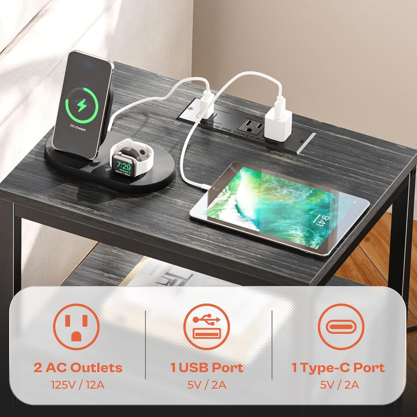 SUPERJARE Nightstand with Charging Station, Bed Side Table with Adjustable Fabric Drawer, Night Stand for Bedroom, 3-Tier Storage End Table, for Living Room, Charcoal Black Wood Grain Print