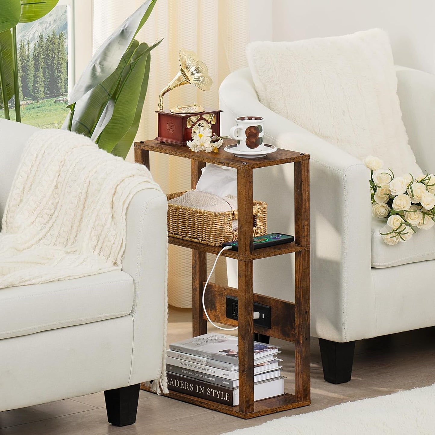 3-Tier Small Narrow Wood Side Table with Charging Station, Skinny Nightstand for Small Space, Slim Bedside Table with Storage for Couch, Thin End Table with USB Ports and Outlets, Rustic Brown