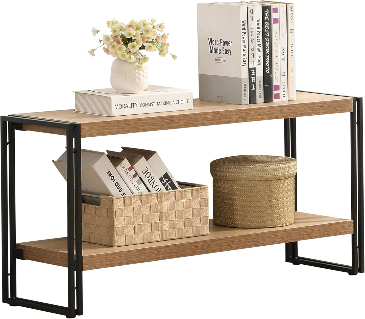 Small Industrial Bookshelf 2 Shelf Bookcases and Book Shelves for Living Room/Bedroom Wood Metal Rustic Oak