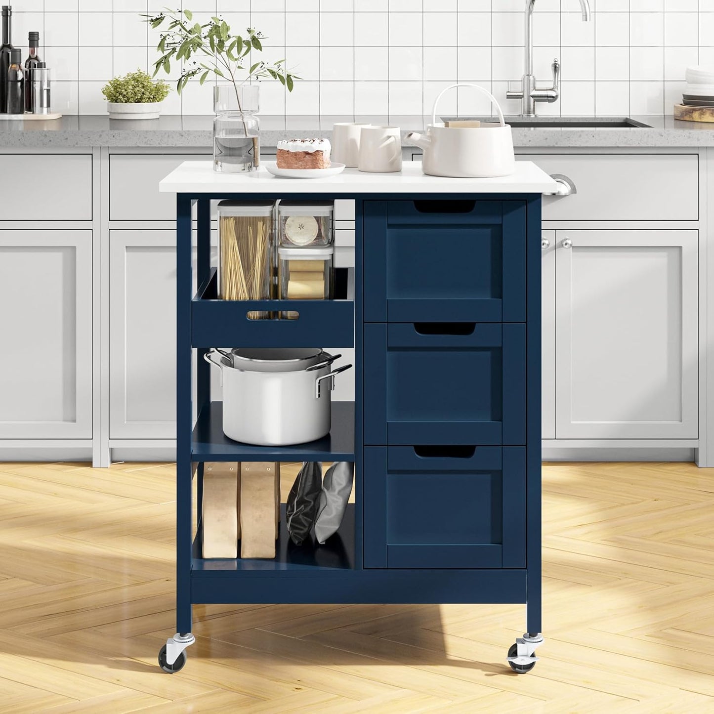 YITAHOME Small Solid Wood Top Kitchen Island Cart on Wheels with Storage, Rolling Portable Dining Room Serving Utility Carts Mobile Movable with 3 Drawers Cabinet, Navy Blue