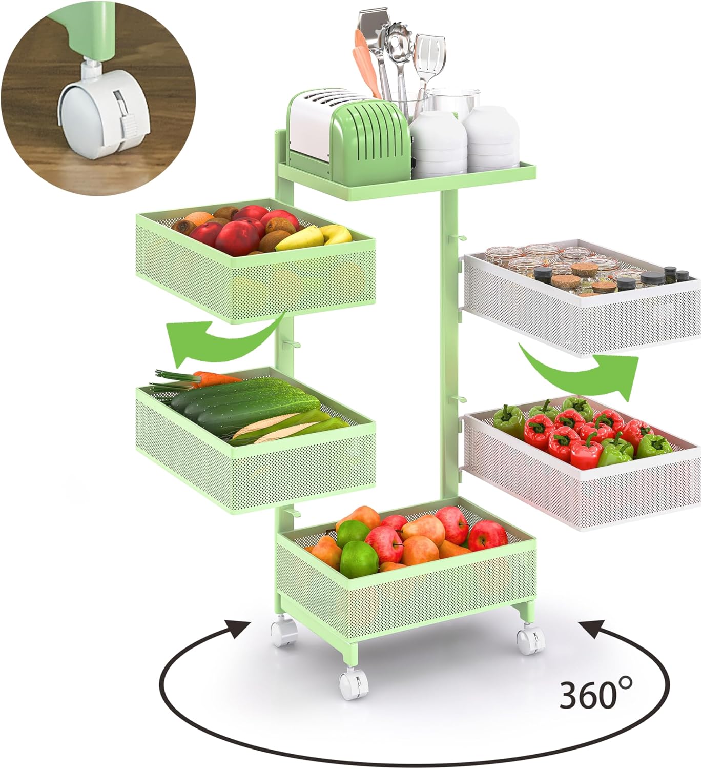 Rotating Kitchen Storage Rack No Assembly, Fruit Basket,Bathroom Storage Cart,Kitchen Organizers and Storage Cart on Rolling Wheels(Green White, 5 Tier-Square)