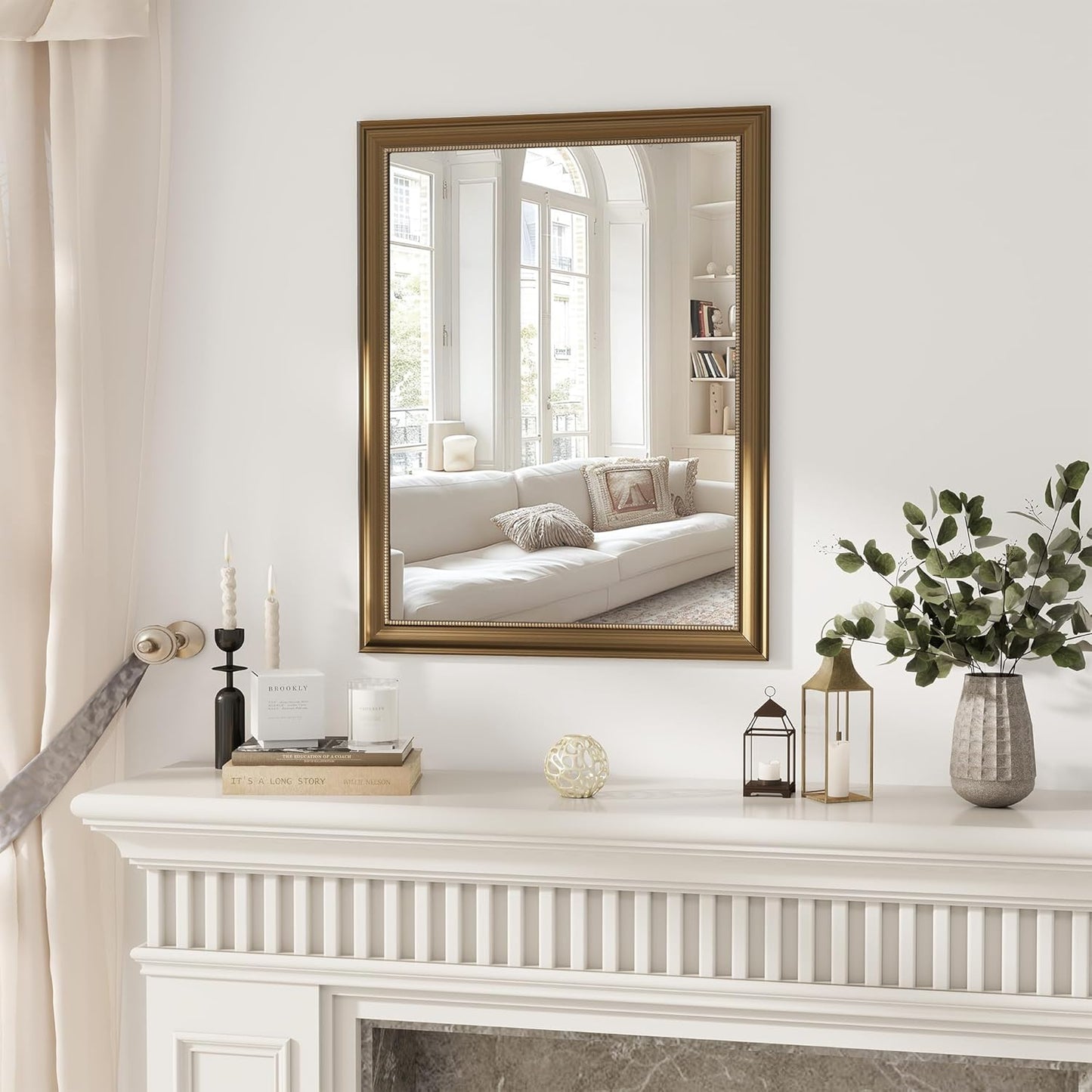 Axeman 28x36 Rectangular Wall Mirror, Decorative Bathroom Mirror, Traditional Vintage Wall Mounted Mirror with Beaded Frame for Accent Living Room Vanity Bedroom Entryway, Gold