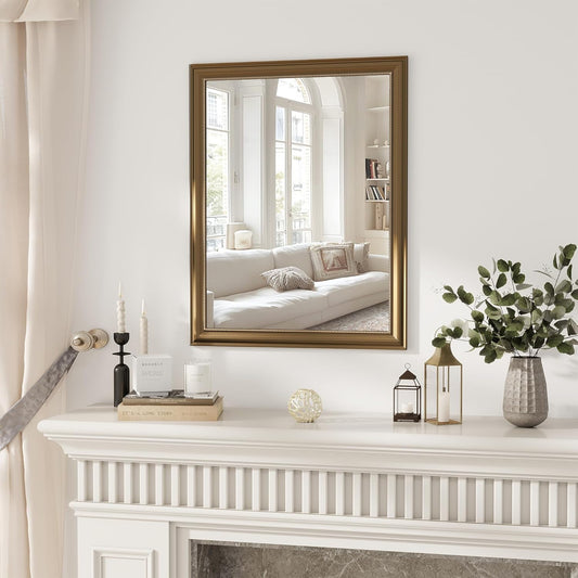 Axeman 28x36 Rectangular Wall Mirror, Decorative Bathroom Mirror, Traditional Vintage Wall Mounted Mirror with Beaded Frame for Accent Living Room Vanity Bedroom Entryway, Gold