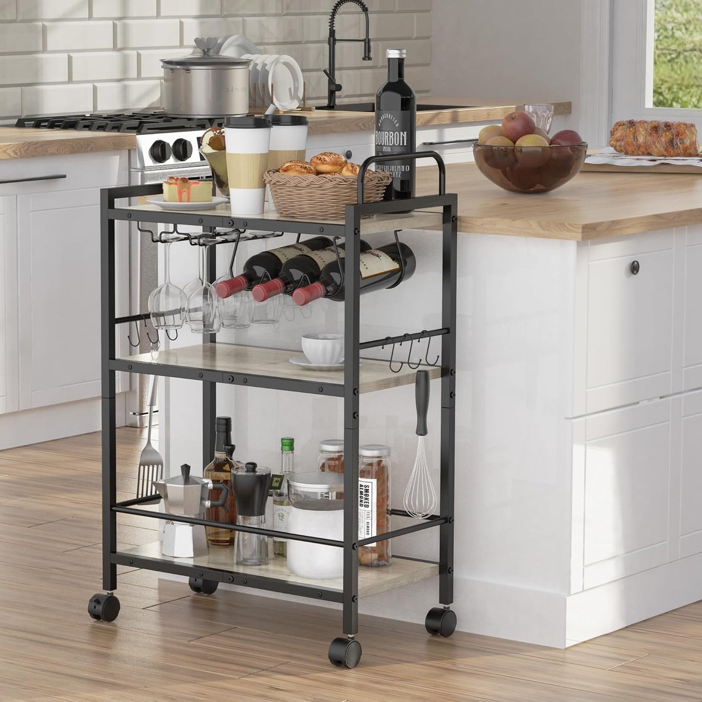 Home Bar Serving Cart, Serving Cart with Wheels and Handle, 3 Tier Rolling Kitchen Cart, MicrowaveCart, Beverage Cart with Wine Holder and Glass Holders, for Dinning Room, Living Room, Kitchen,Greige