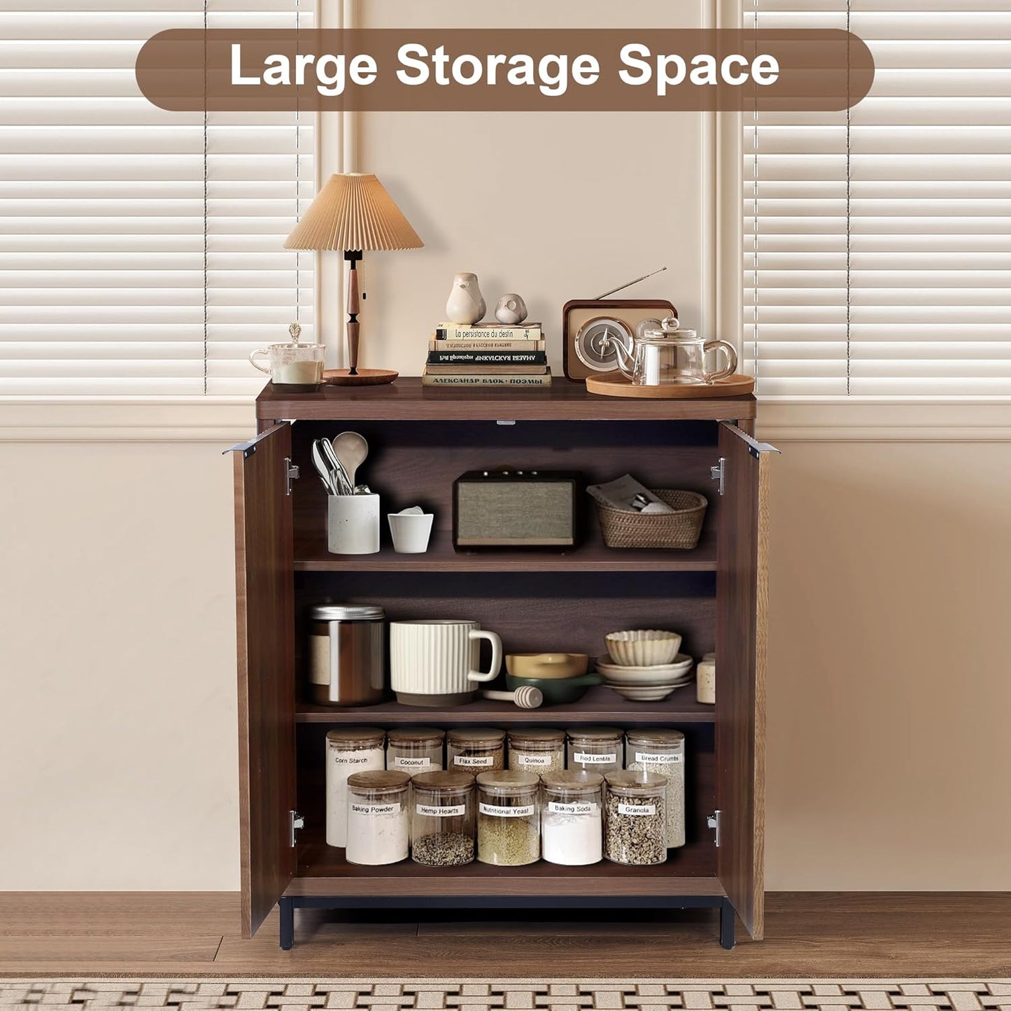 Buffet Cabinet with Storage Accent Sideboard Modern Credenza with 2 Doors & 3 Shelves Fluted Media Console for Living Room Kitchen Dining Room Hallway (Walnut)