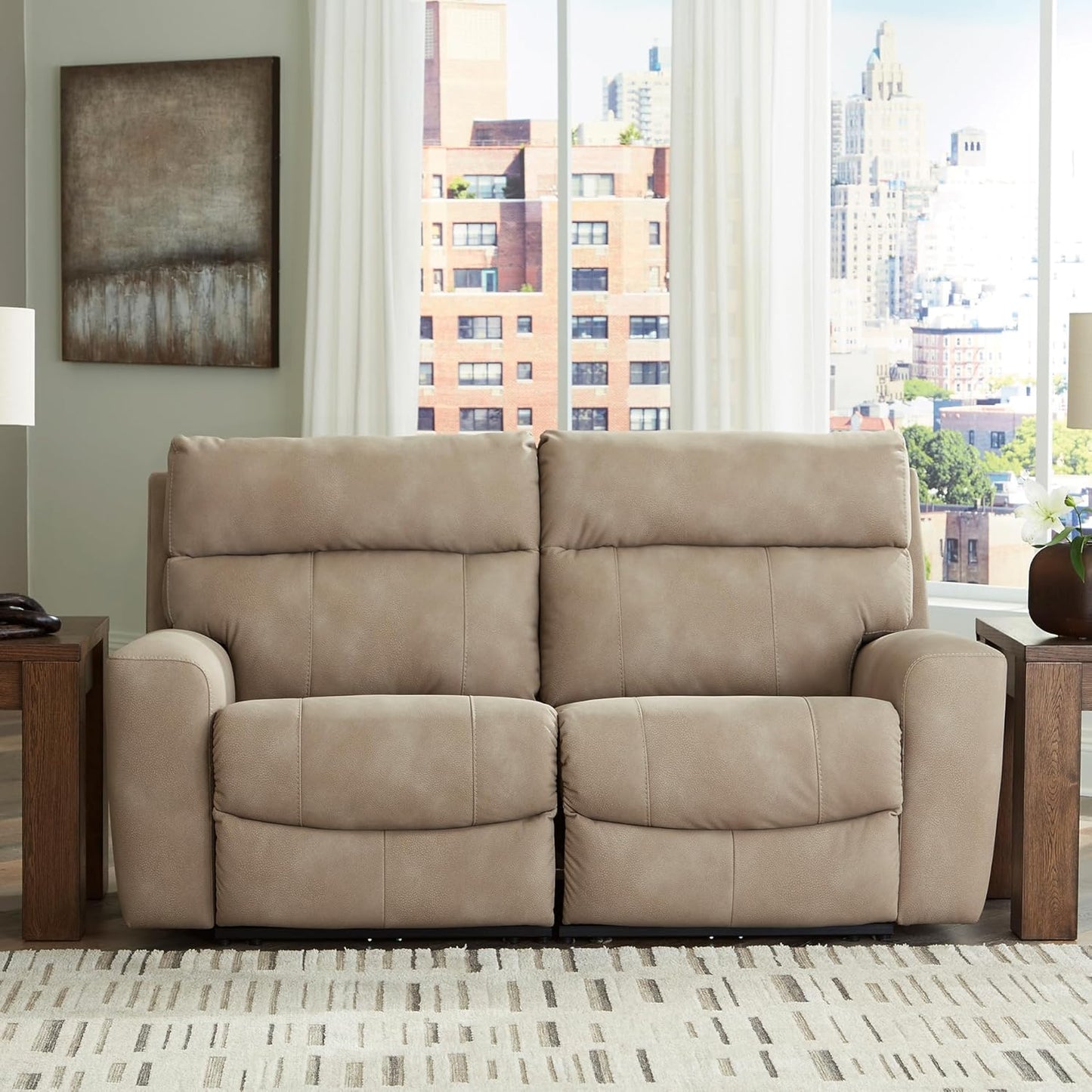 Signature Design by Ashley Next-Gen DuraPella Contemporary Faux Leather Modular Wall Hugger 2-Piece Power Reclining Sectional Loveseat with Adjustable Headrest and USB Ports, Light Brown