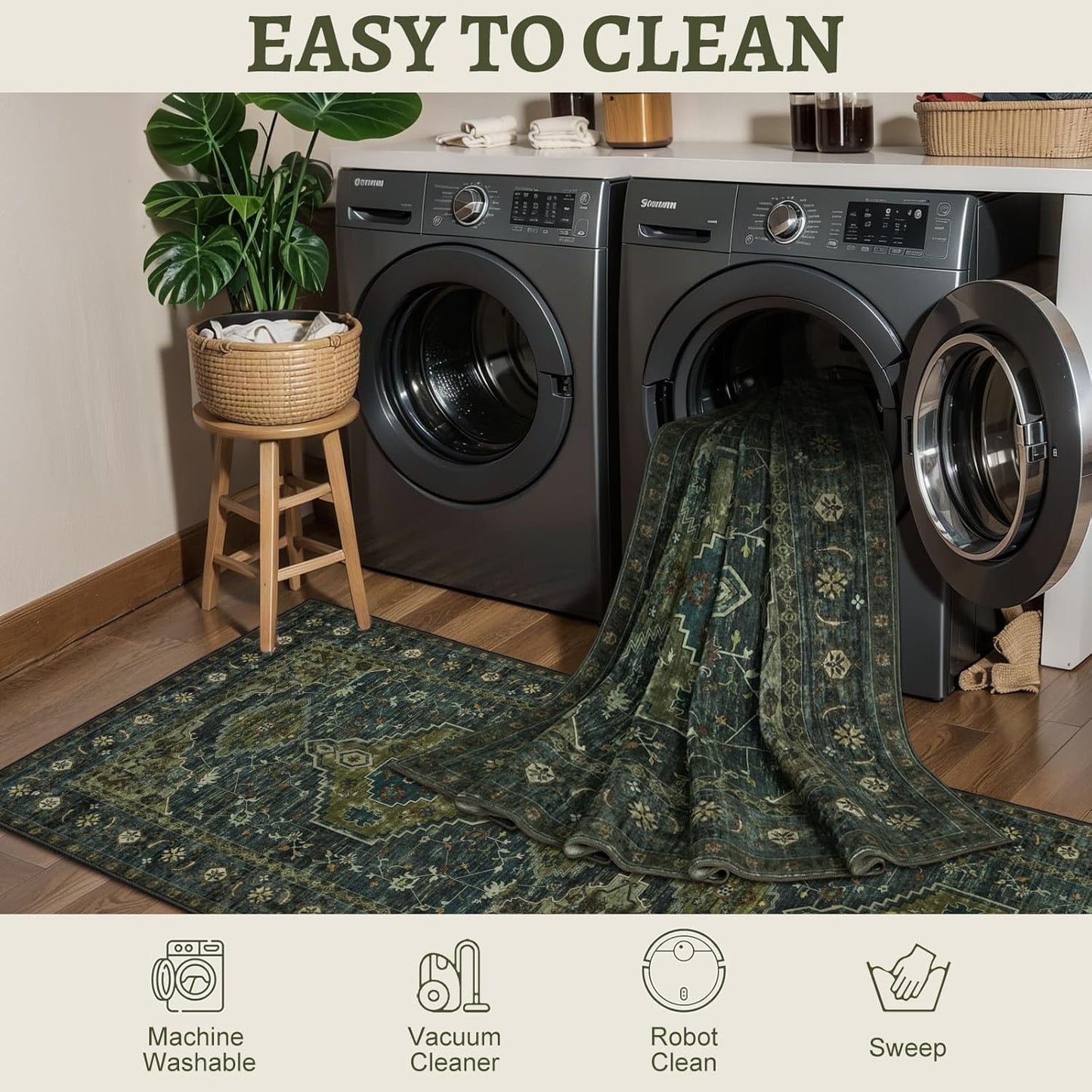 Tangsoo 5x7 Area Rug Washable Rug for Living Room, Vintage Indoor Non Slip Large Area Rugs, Print Distressed Rust Carpet, Soft Low Pile Foldable Floor Rug for Bedroom Dining Room Dorm Olive Green