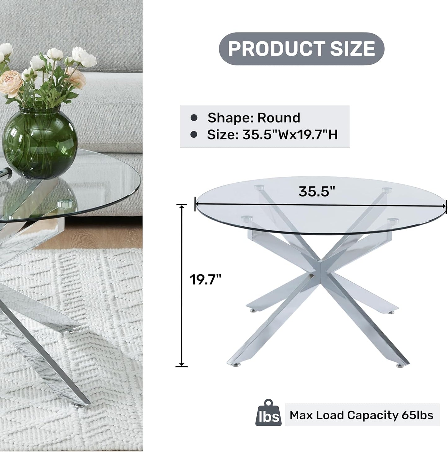 Round Glass Coffee Tables for Living Room, Home Office, Modern & Simple Center Table with Clear Tempered Glass Top, 35.5" Wx19.7 H Silver