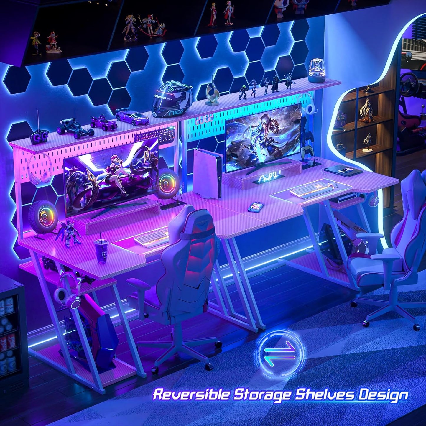 Gaming Computer Desk with Power Outlets, Gaming Desk with Hutch and LED Lights, Reversible PC Gaming Desk with Pegboard, Carbon Fiber Pink, 47"