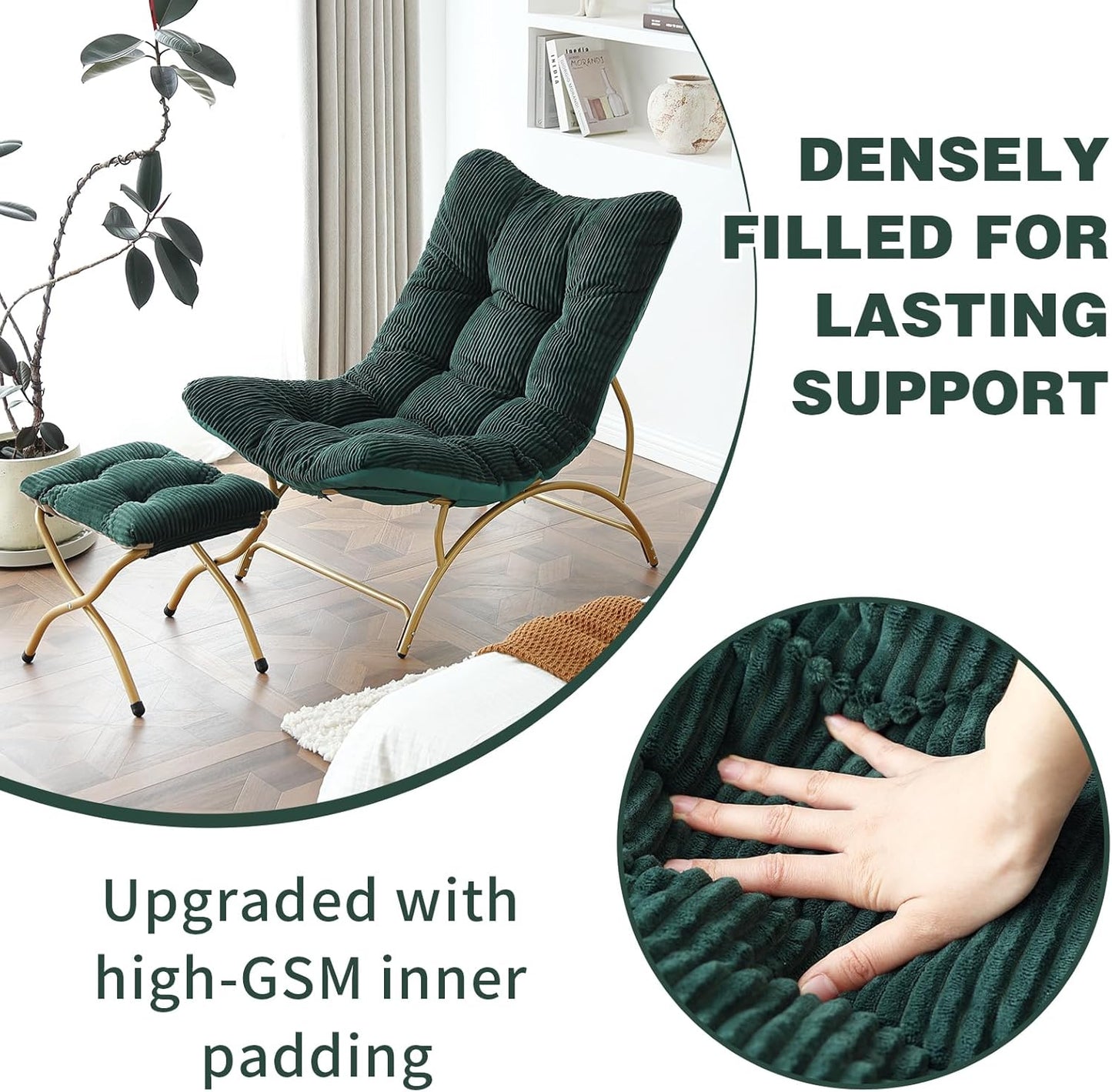 Welnow Accent Chair with Ottoman, Lounge Comfy Soft Leisure Metal Frame Reading Chair with Footrest, Upholstered Thick Cushion Seated Recliner Sofa for Living Room, Bedroom, Dorm, Dark Green