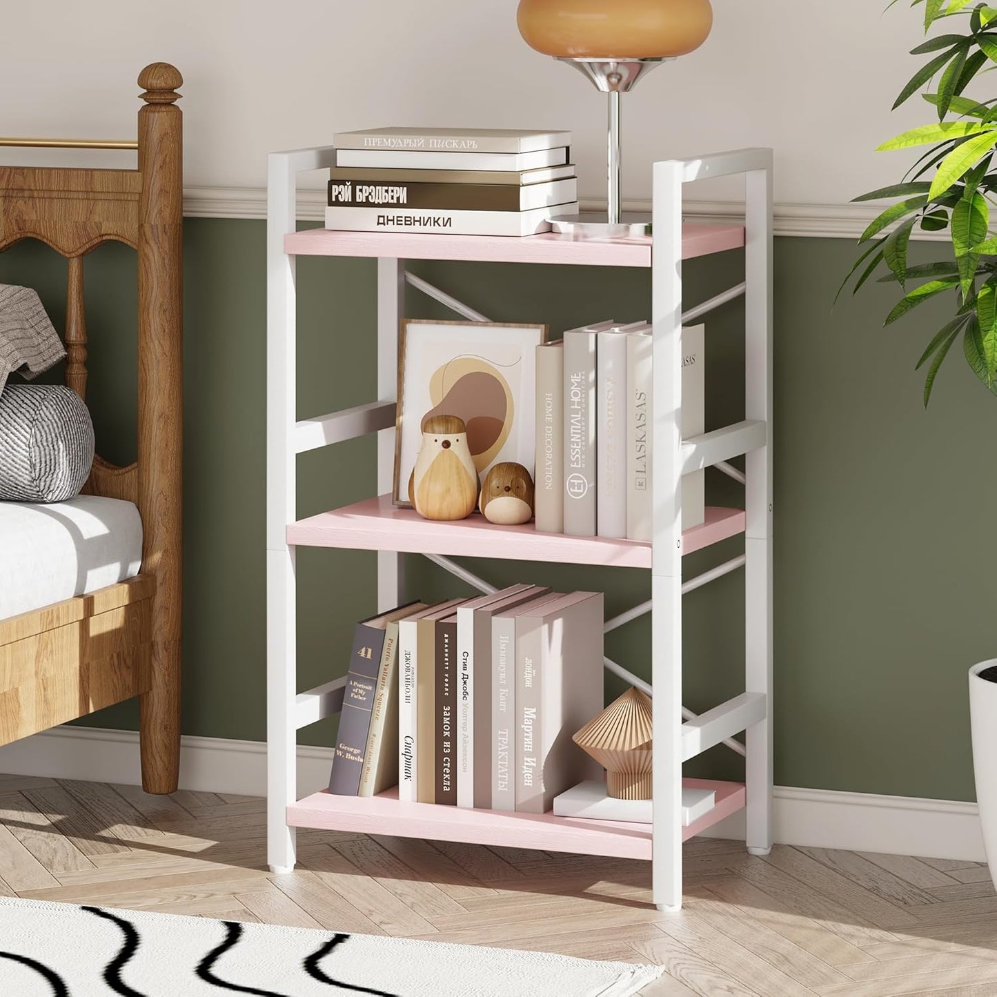 Homeiju Pink Bookshelf, 3 Tier Industrial Bookcase, Metal Small Bookcase, Rustic Etagere Book Shelf Storage Organizer for Living Room, Bedroom, and Home Office(Pink) Patent Pending D29873033