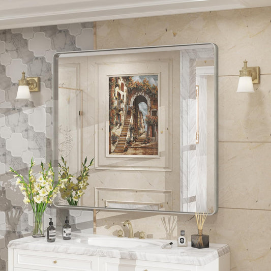 40x36 Inch Brushed Nickel Bathroom Mirror for Wall, Rounded Rectangle Silver Framed Bathroom Vanity Mirror, Anti-Rust, Shatterproof, Hangs Horizontally or Vertically