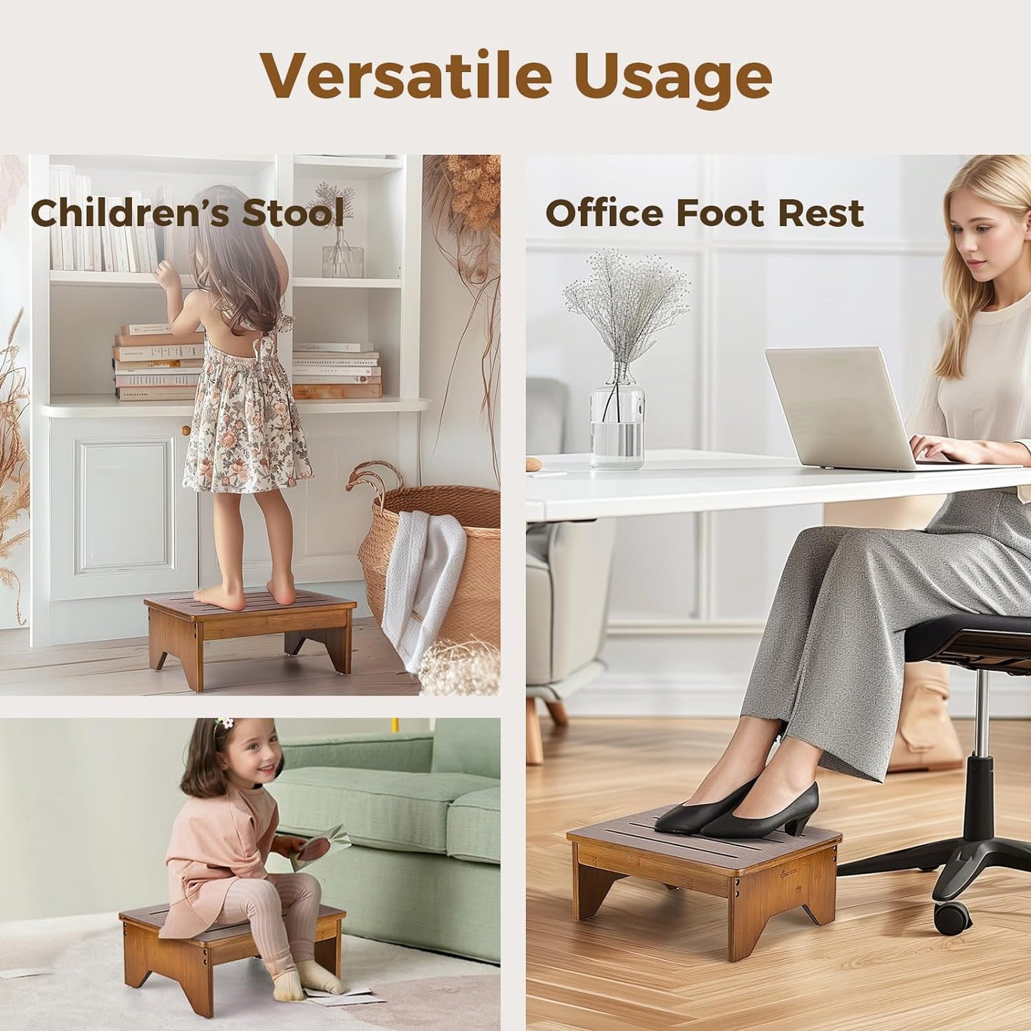 StrongTek Bamboo Bed Step Stool for Adults & Kids – Wide 16" Platform, 300 lbs Capacity, Non-Slip Drainage Surface, 6.5" Height Safe Bedside Stool, Bathroom Shower Step & Office Foot Rest (Walnut)