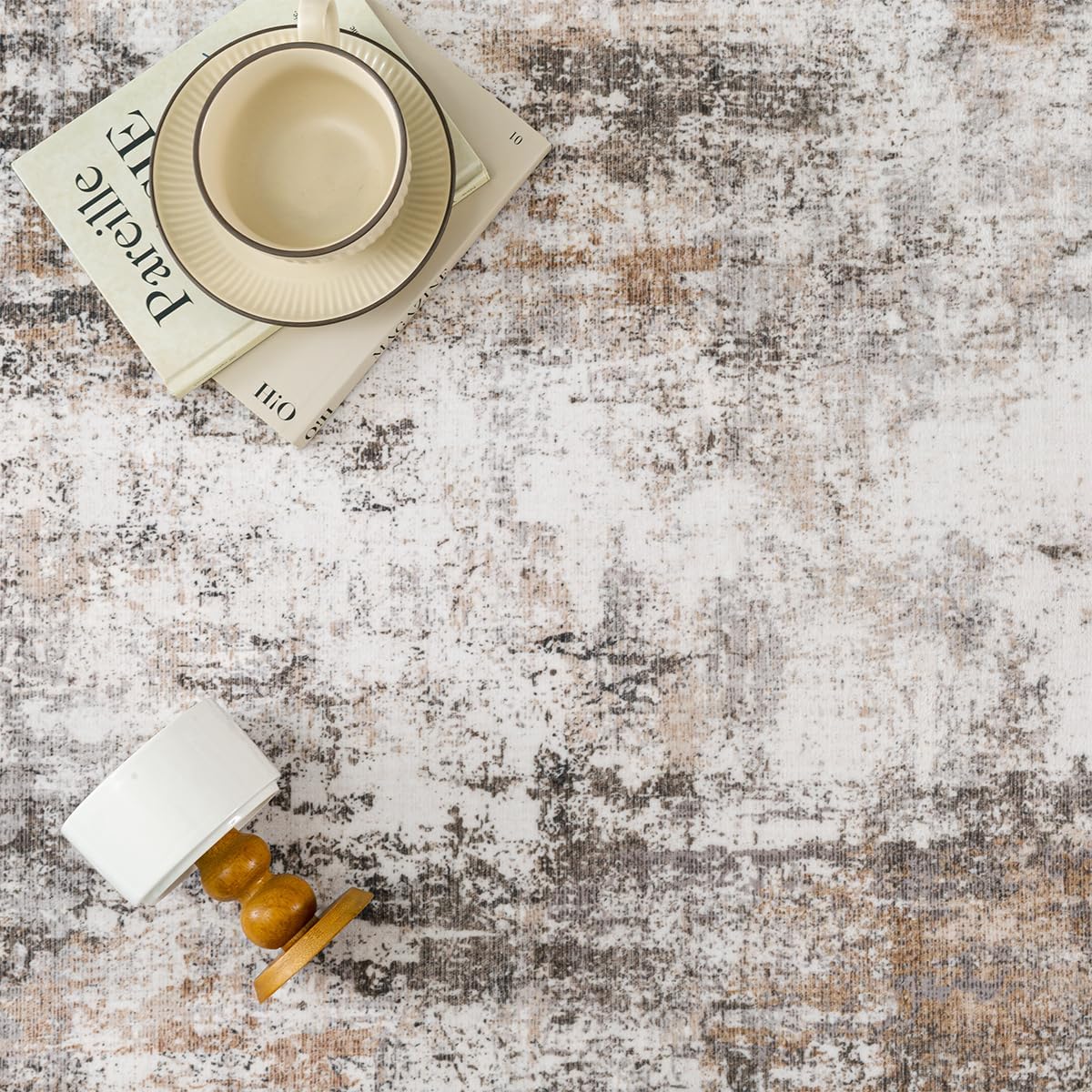 8x8 Washable Round Rug Brown Grey Neutral Abstract Living Room Bedroom Large Area Rug Non Slip Soft Low Pile Indoor Floor Carpet for Dining Room Kitchen Office Entryway