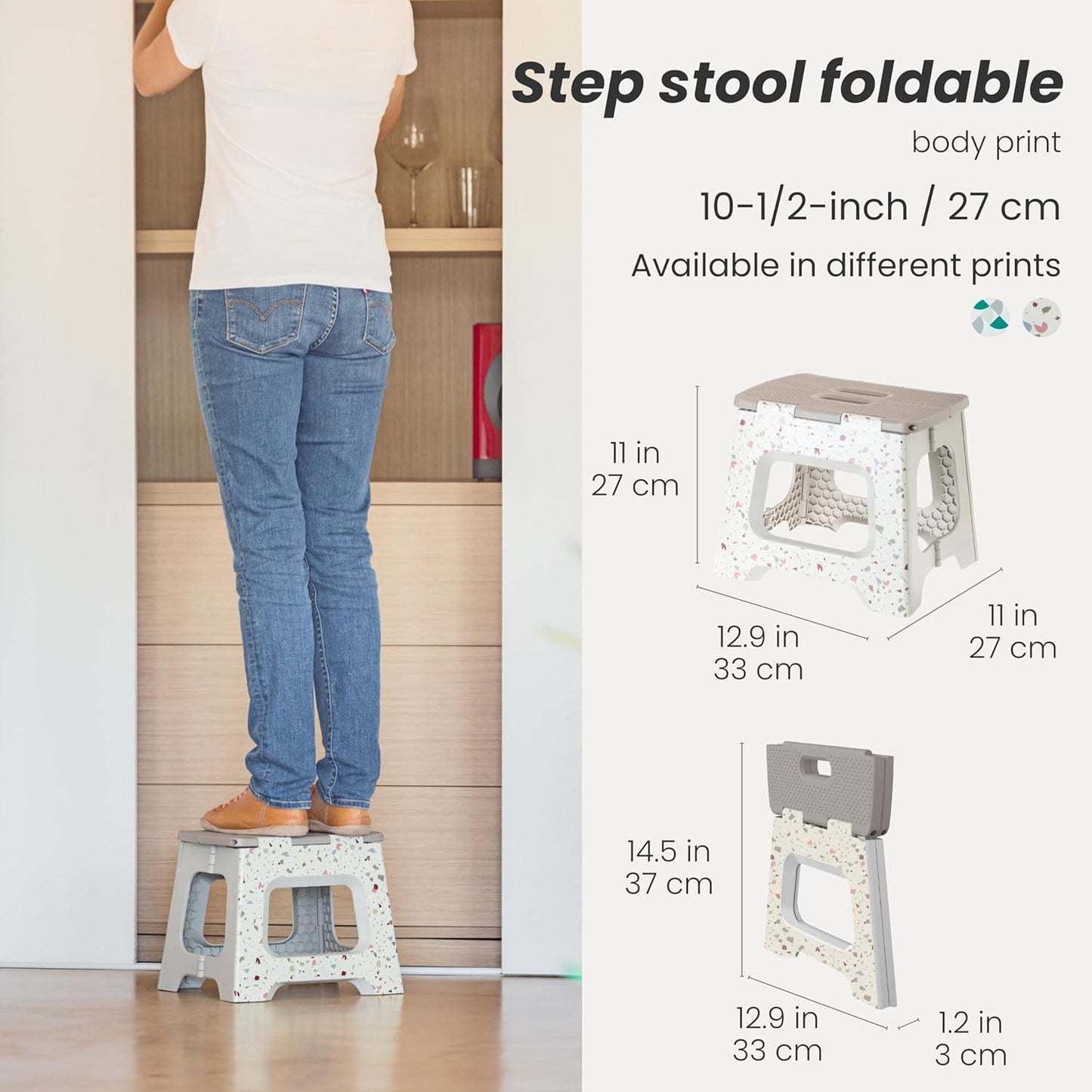 Vigar Compact Step Stool Foldable, 10-1/2-inch Step Stools for Adults up to 330 Pound, Lightweight Stool, Non-Slip Folding Step Stool, Terrazzo Body