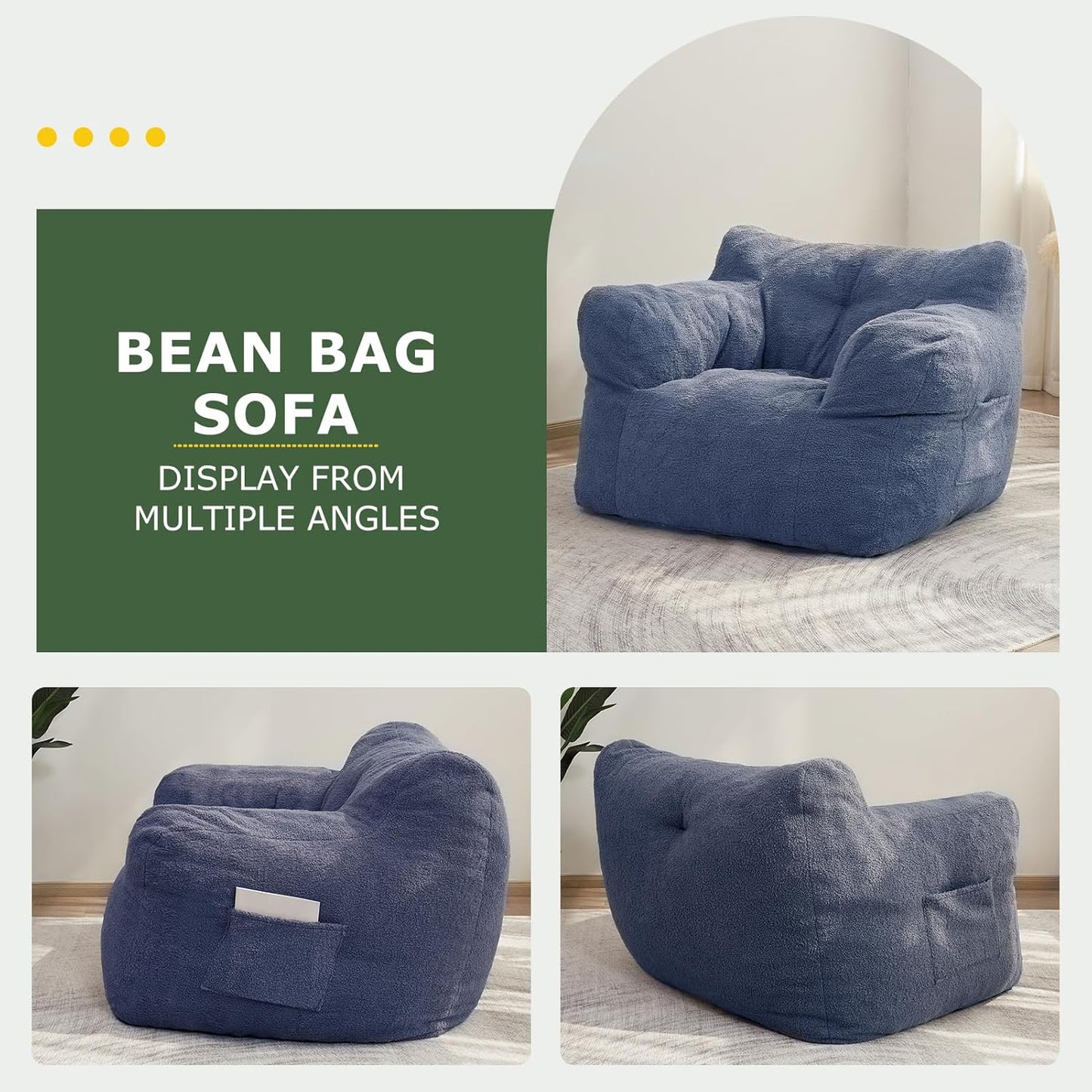HIGOGOGO Giant Bean Bag Chairs for Adults,Big Comfy Chair Sofa for Bedroom Living Room, Large Lazy Bean Bag Chair with Pocket Armrests for Gaming, Reading