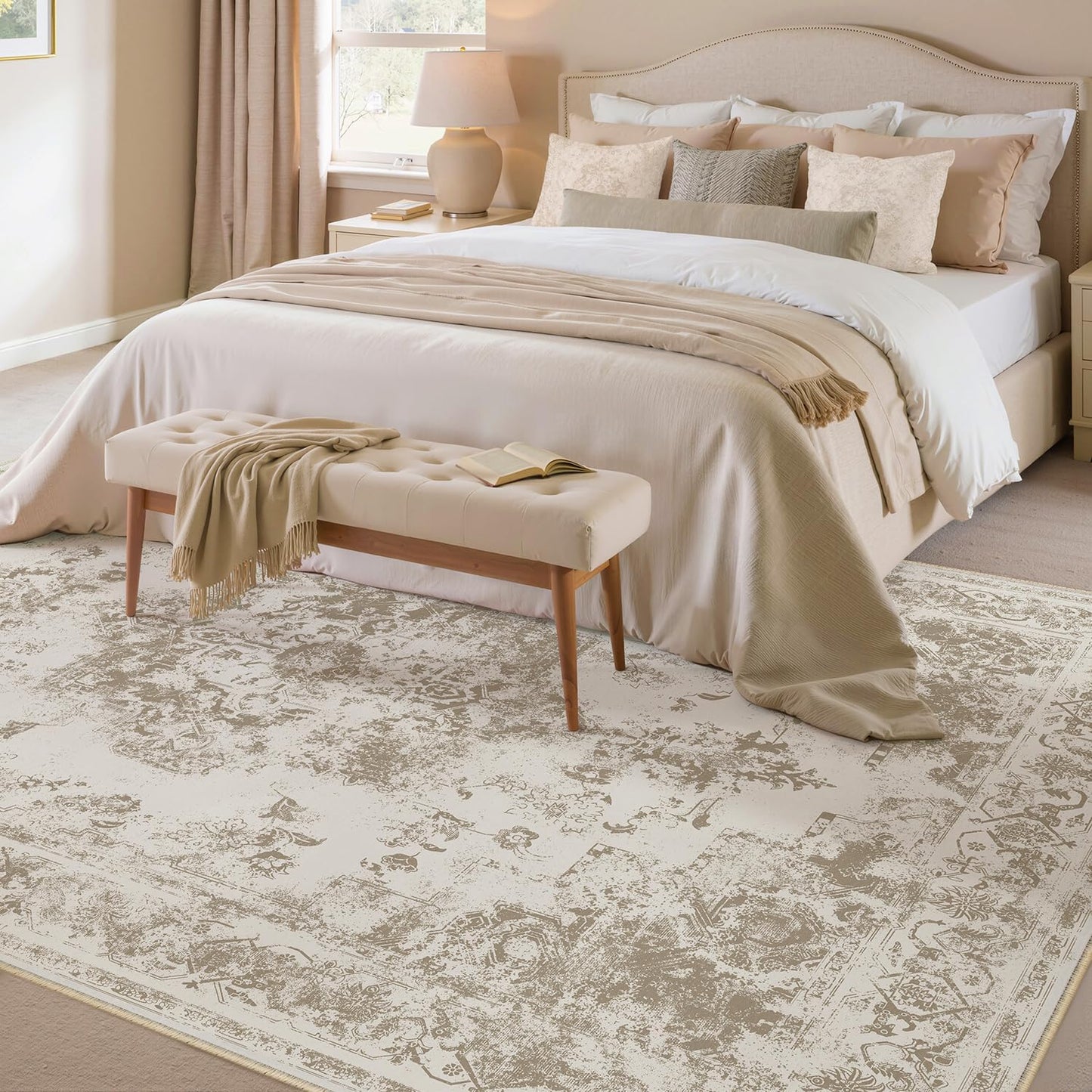 5x7 Washable Area Rug Brown Neutral Carpet for Living Room Bedroom Distressed Vintage Low Pile Soft Non-Slip Lightweight Vacuumable Throw Rug for Dining Room Office Kitchen Dorm