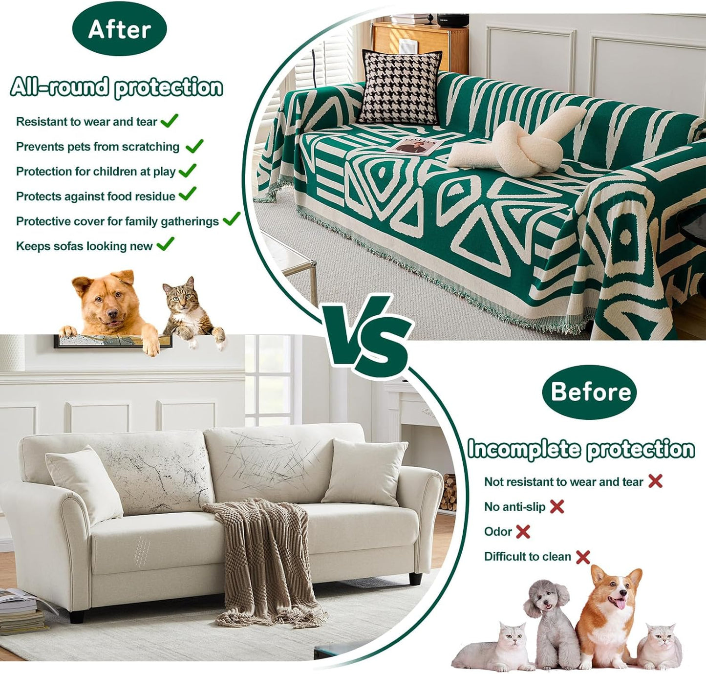 HANDONTIME Couch Cover Boho Sofa Covers Washable Forest Green Dog Covers for Couches Reversible Couch Blanket Cover Geometric L Shaped Couch Covers for 2 3 Couch Cushion Cover Dark Green, 71" X102"