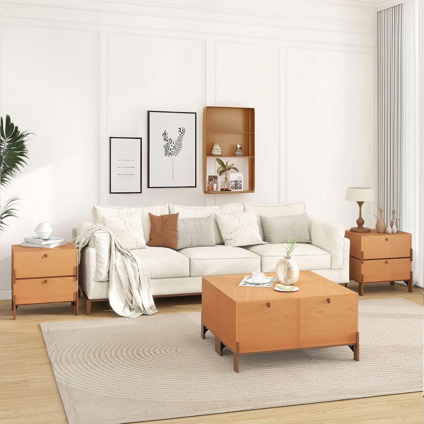 Sebastack Night Stand, Customizable 2 Drawers Bedside Table, End Table, Side Table for Bedroom, Dormitory, Mid-Century Style Wood Chest of Furnitures, Basswood Color