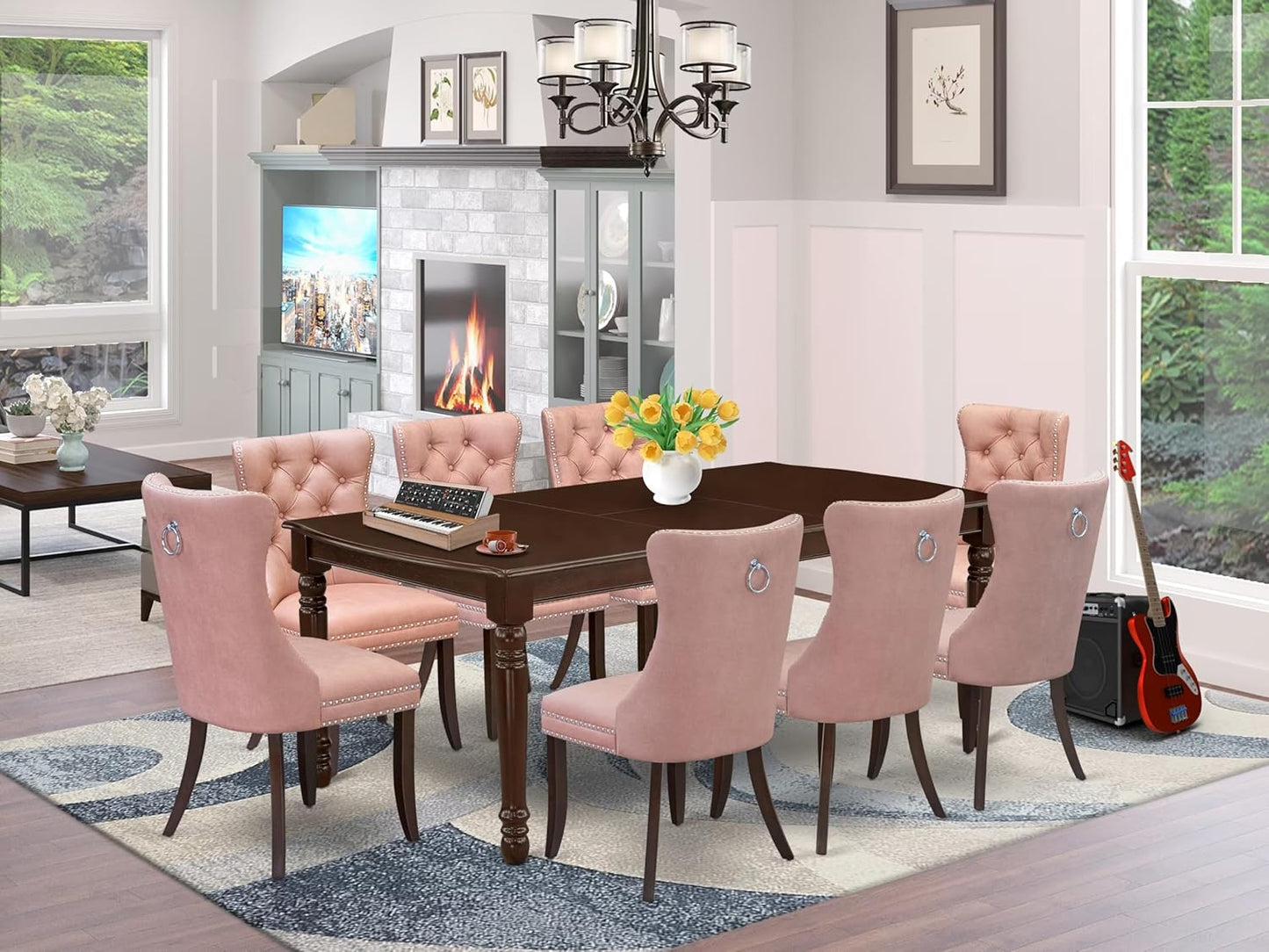 East West Furniture DODA9-MAH-23 9 Piece Kitchen Table Set Includes a Rectangle Dining Table with Butterfly Leaf and 8 Polyester Fabric Upholstered Chairs, 42x78 Inch, Mahogany