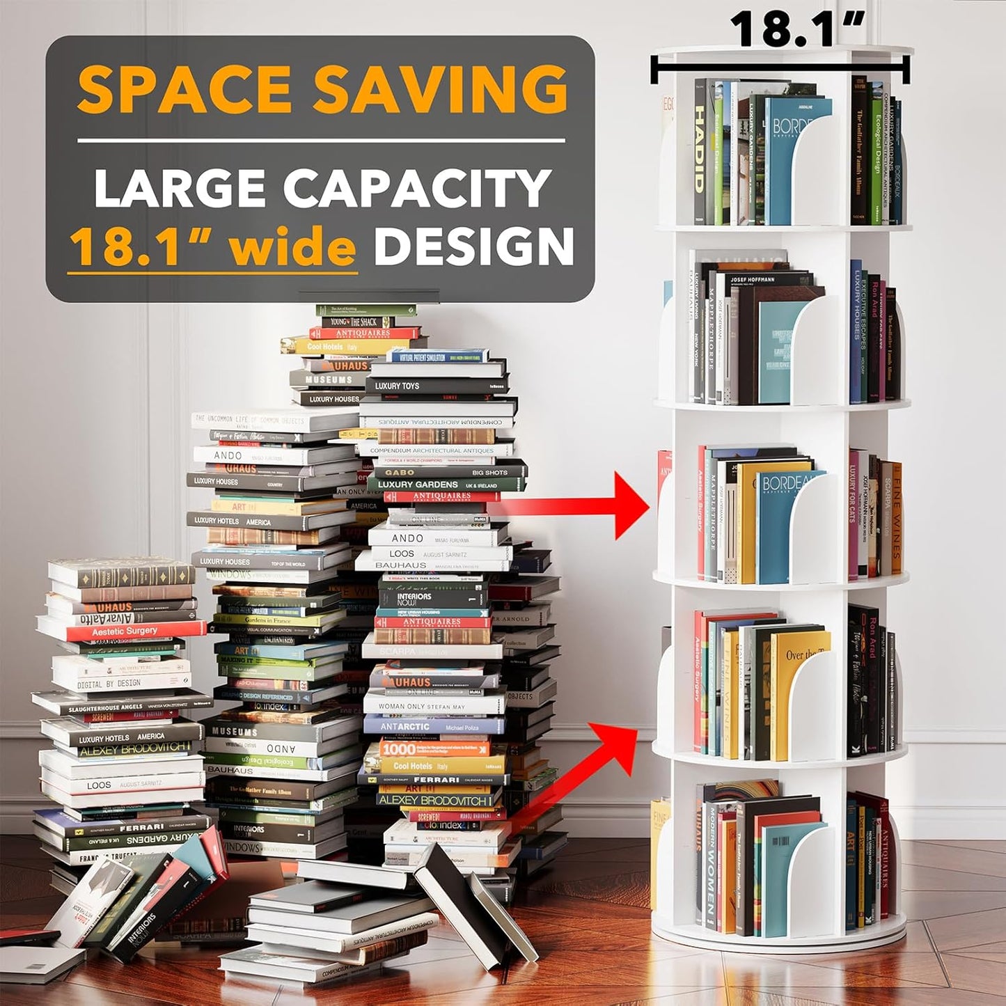 SpaceAid 5 Tier Rotating Bookshelf Tower, Spinning Bookcase Lazy Susan, Revolving 360 Book Shelf Storage Round Carousel, Vertical Rotate Turning Spiral Corner Organizer, White