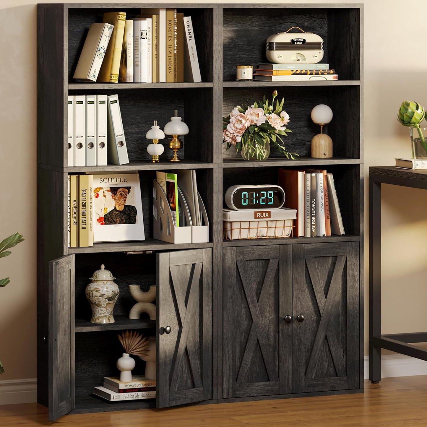 IRONCK Industrial Bookshelves and Bookcases with Doors 11.8 in Depth Floor Standing 5 Shelf Display Storage Shelves Bookcase Home Decor Furniture for Home, Office, Living Room, Bedroom