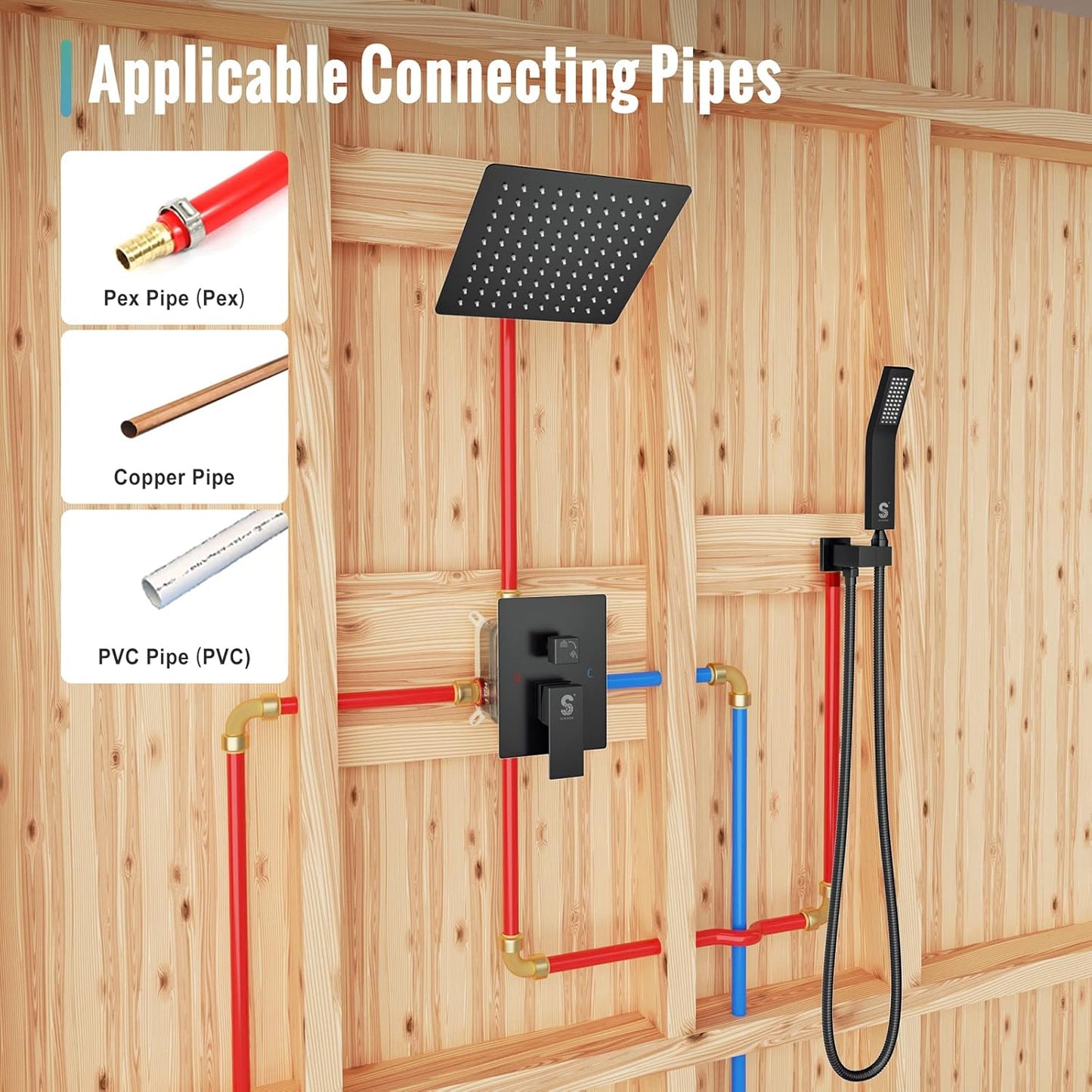 SR SUN RISE Shower Faucet - 8 Inch Shower System with Rain Shower Head and Handheld Spray - Shower Faucet Trim Repair Kits with Diverter Valve - All Metal Shower Set - Matte Black