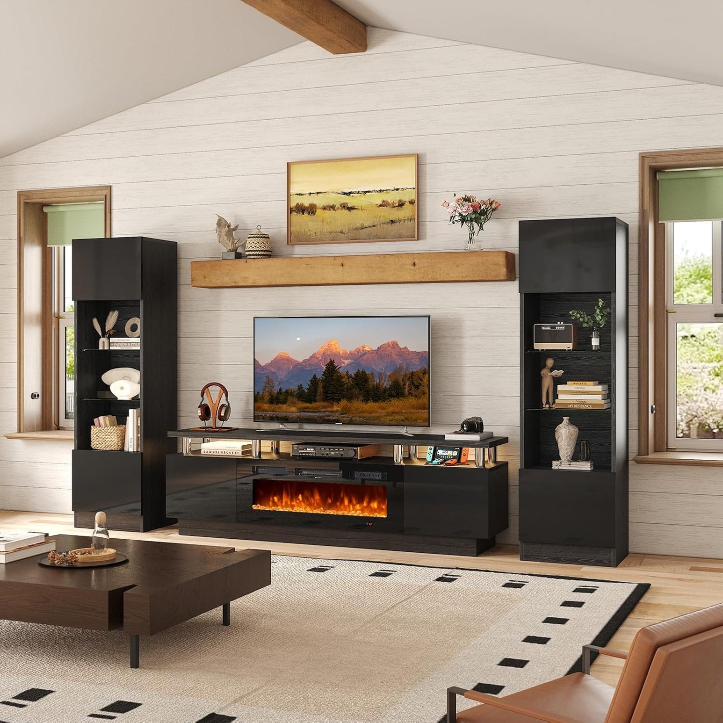 80" TV Stand for Living Room, Large Entertainment Center & Media Console, Fits TVs up to 90", Storage Cabinet with Shelves, 36" Electric Fireplace (All Black)