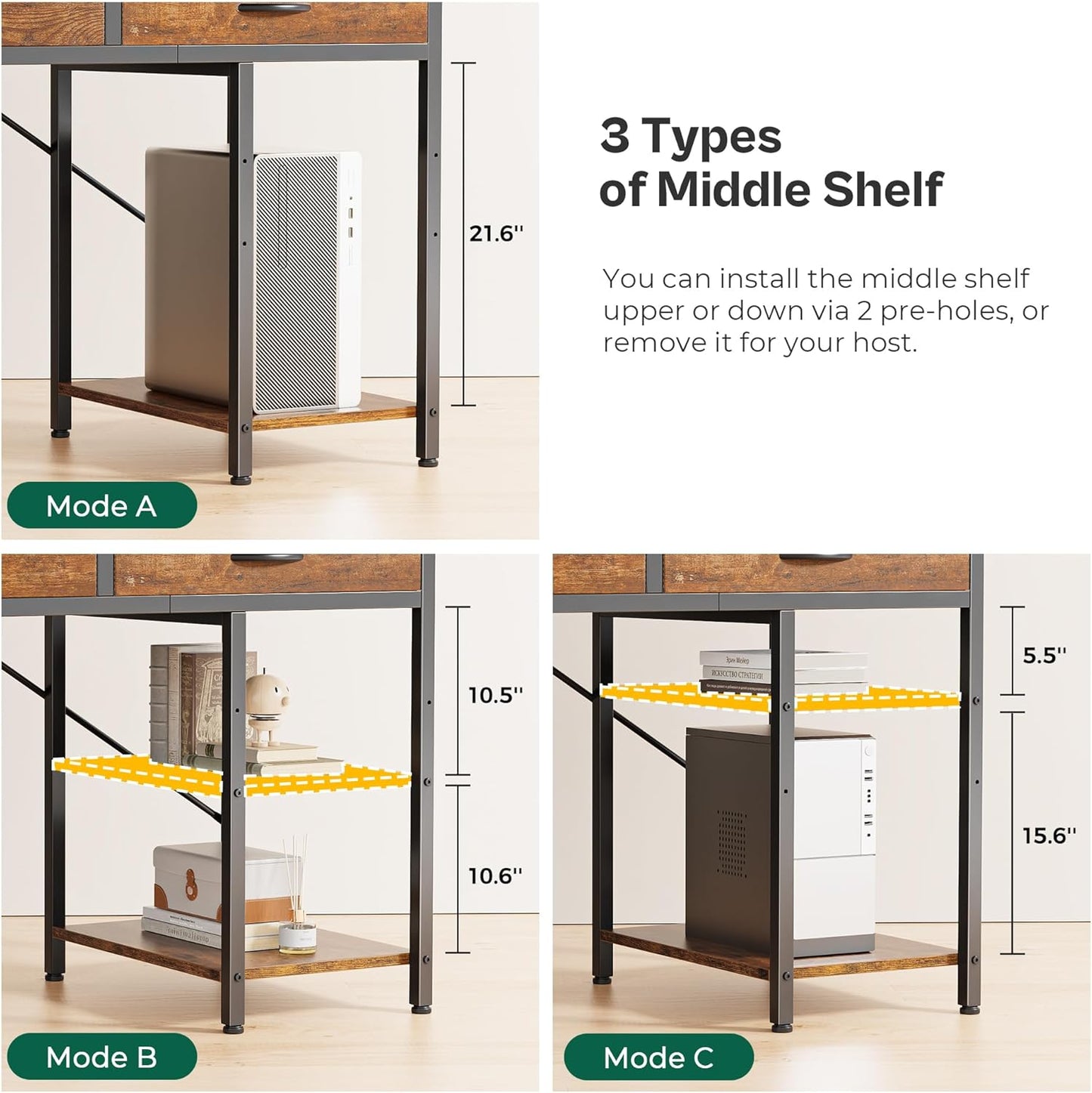 Huuger Computer Desk with 6 Drawers, 63 Inch Office Desk with Shelves, Reversible Gaming Desk, Corner Desk with Storage, for Home Office, Study, Living Room, Rustic Brown