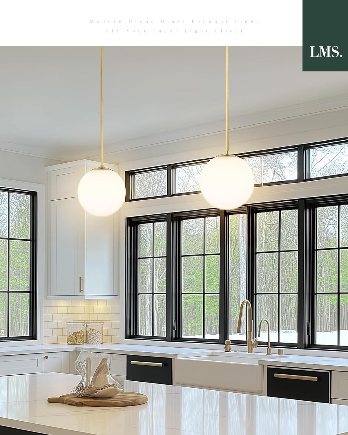 LMS 10 Inch Globe Pendant Lights, Brushed Gold Mid Century Kitchen Island Light Fixtures with White Globe Glass Shade, Adjustable Hanging Rod, Dining Room Kitchen, LMS-186PL-BGW-10