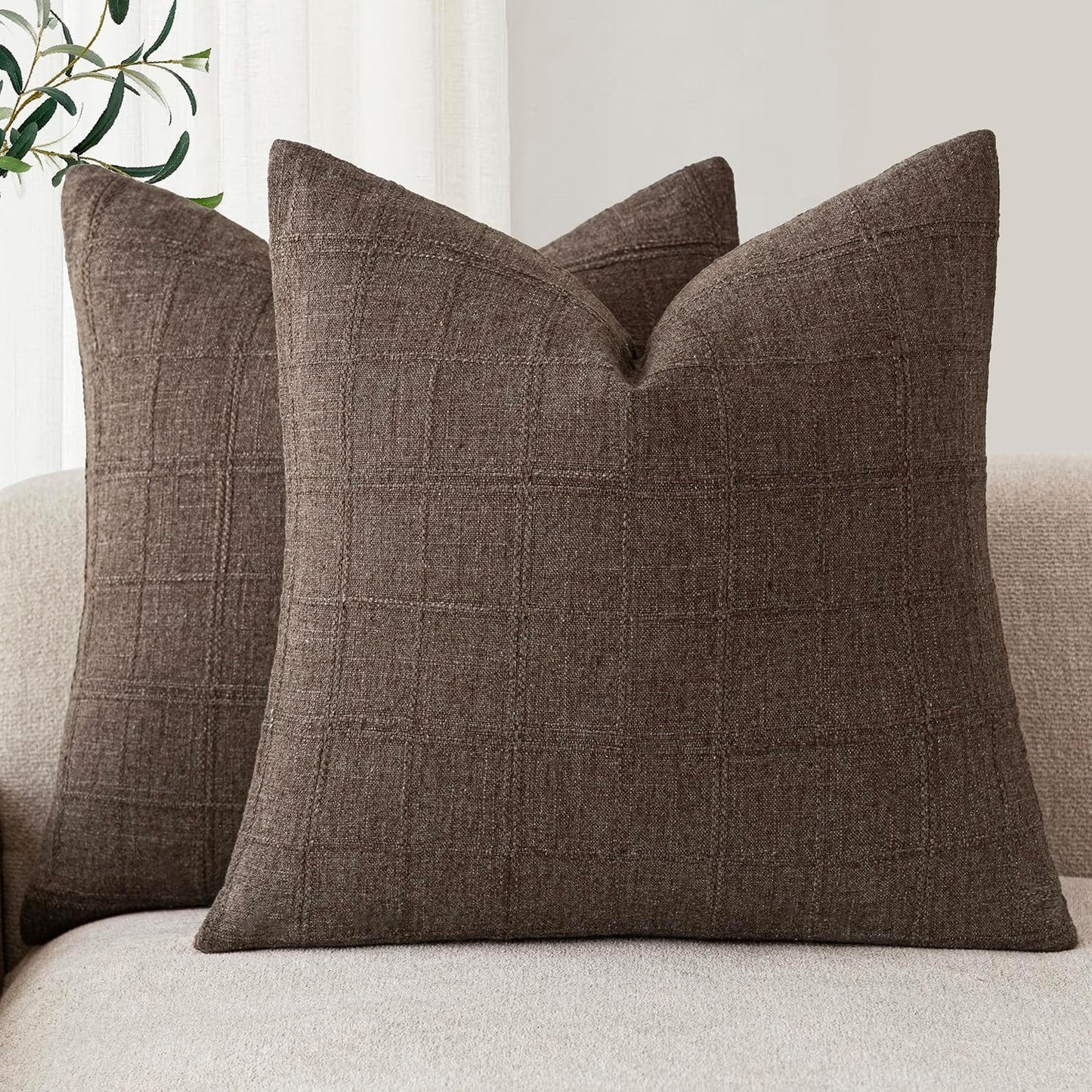 Foindtower Set of 2 Decorative Linen Check Throw Pillow Covers Neutral Farmhouse Vintage Cushion Covers Modern Boho Home Decor for Sofa Chair Couch Bedroom Living Room Outdoor,18×18 Inch,Dark Brown