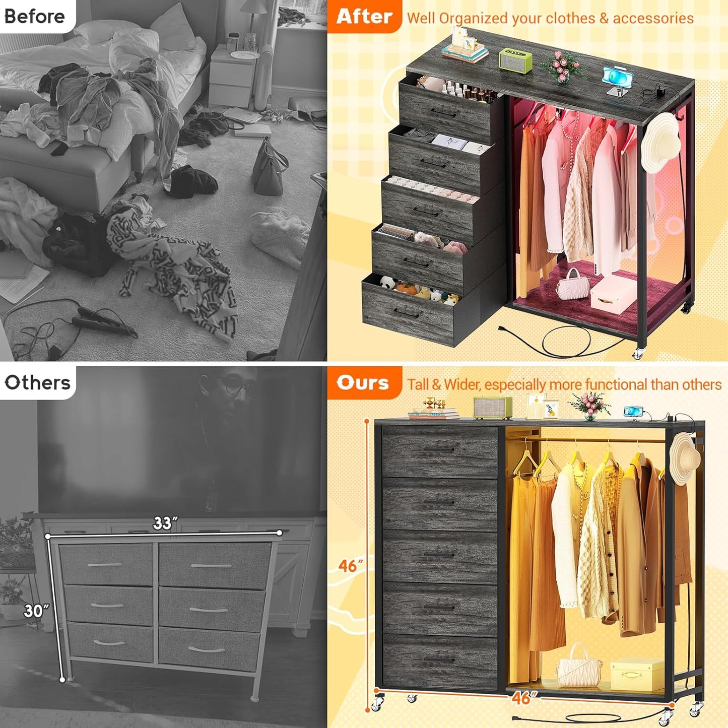 Cyclysio Dresser for Bedroom with Clothes Rack, 5 Fabric Drawers Dresser with Charging Station & LED Lights, Tall Storage Chest of Drawers with Wheels, Wooden Top, Lockable Wheels, Closet, Grey