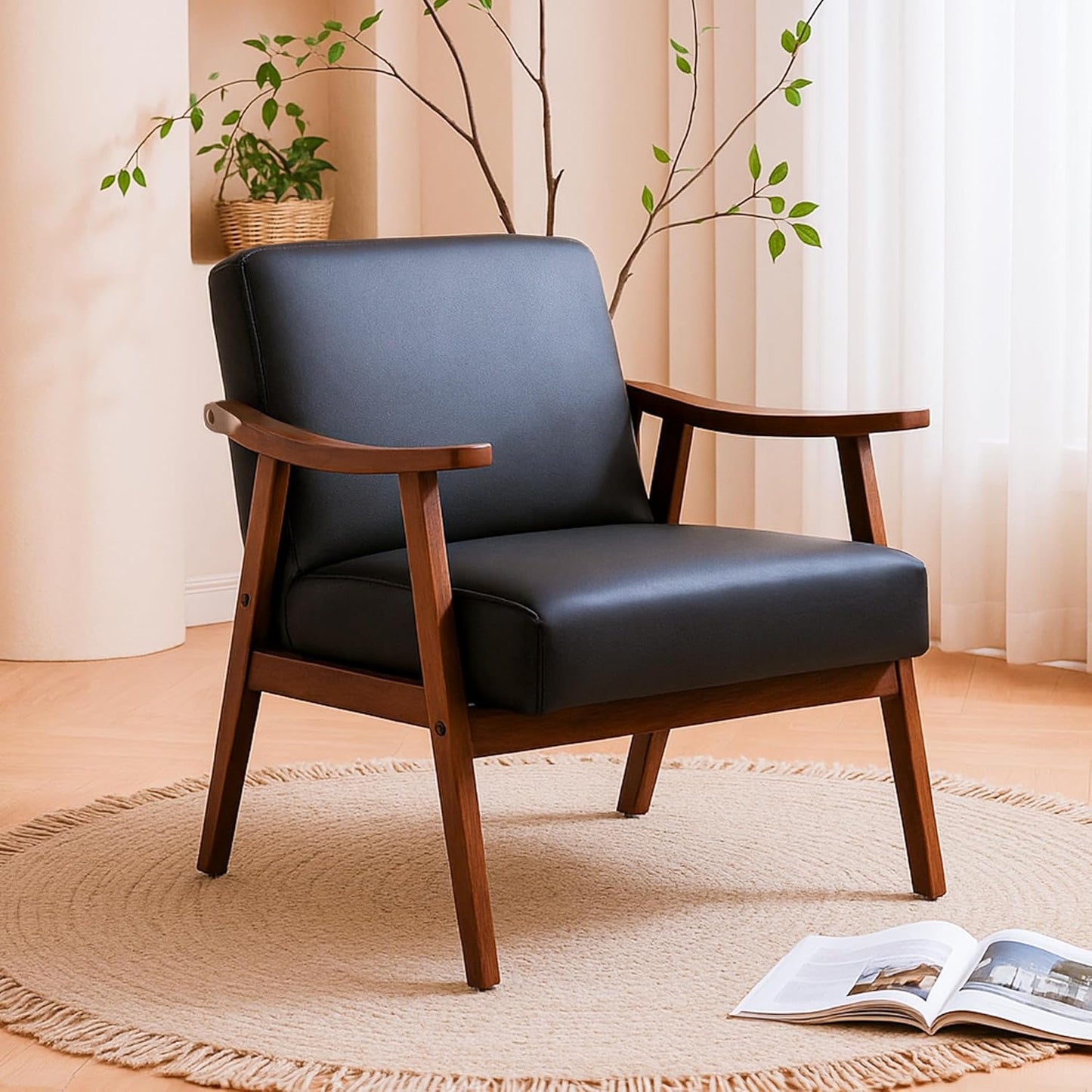 Container Furniture Direct Accent Chair with Microfiber Upholstery and Solid Wood Frame, Classic Mid-Century Modern Living Room Furniture for Extra Seating, Black PU/PVC