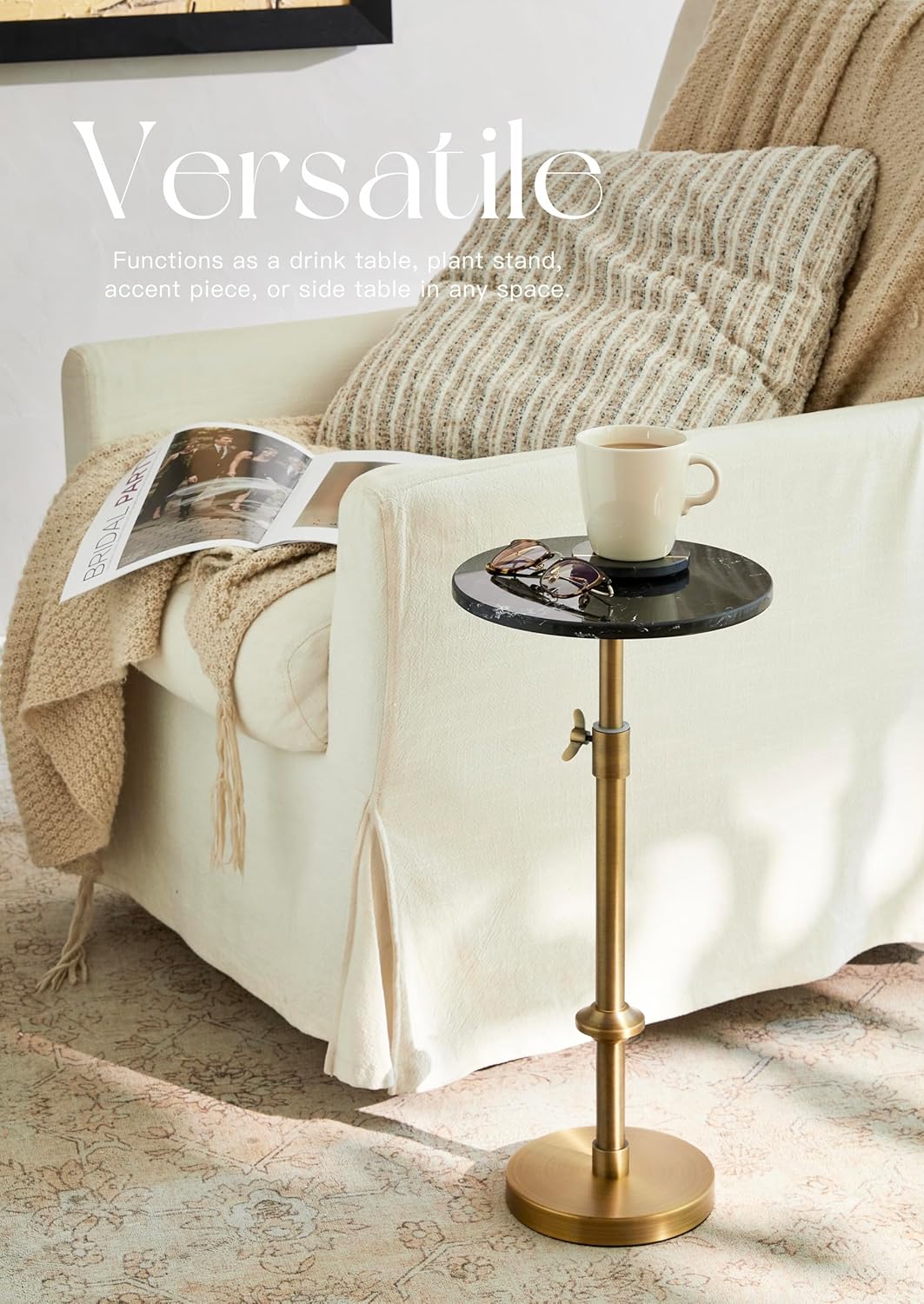 Adjustable-Height Marble Drink Table - 10x10x22-30, Black Marble & Antique Brass, Modern Round End Table, Side Table with Pedestal Stand for Small Spaces, Vintage Metal Martini Cocktail Accent