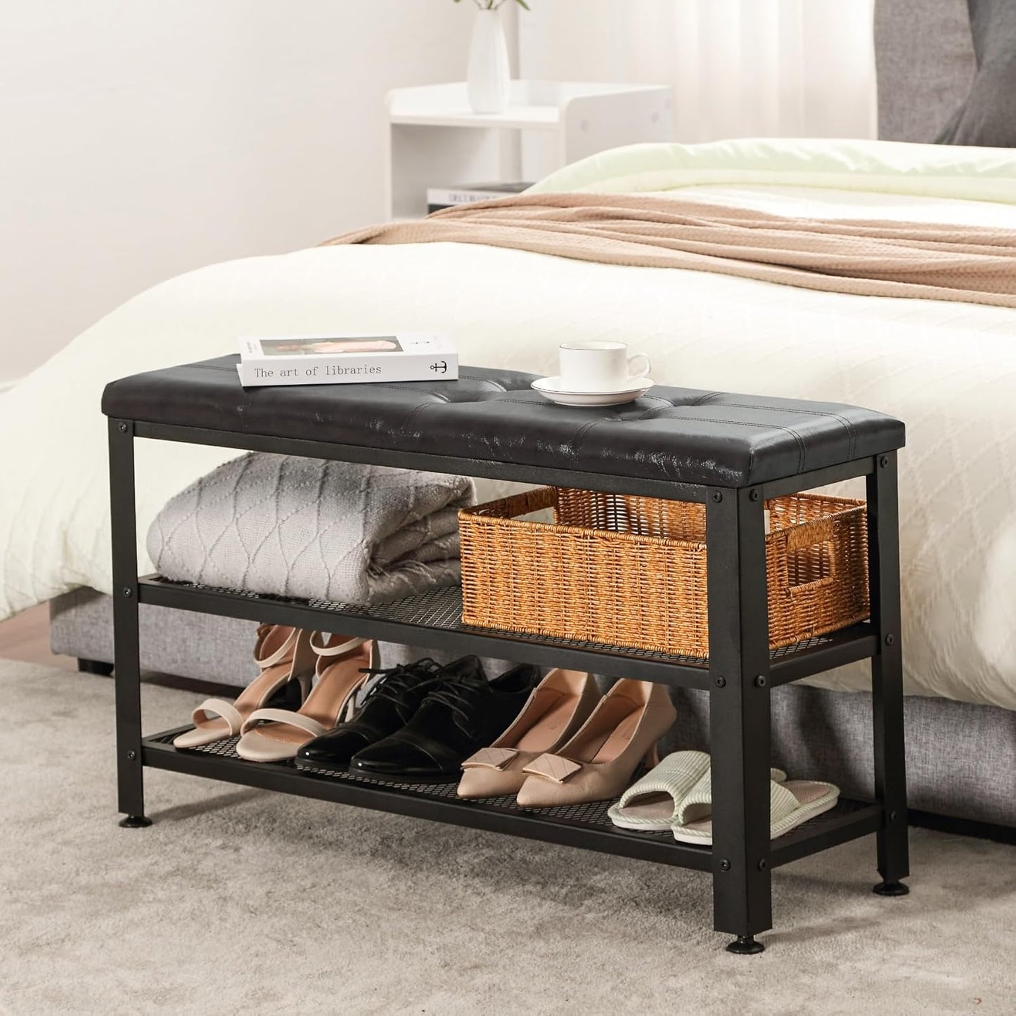 Apicizon 35.5" Shoe Rack Bench, 3-Tier Entryway Bench, with Leather Seat and Metal Frame, Loads 300 lb, Suitable for Living Room, Hallway, Mudroom, Doorway, Black