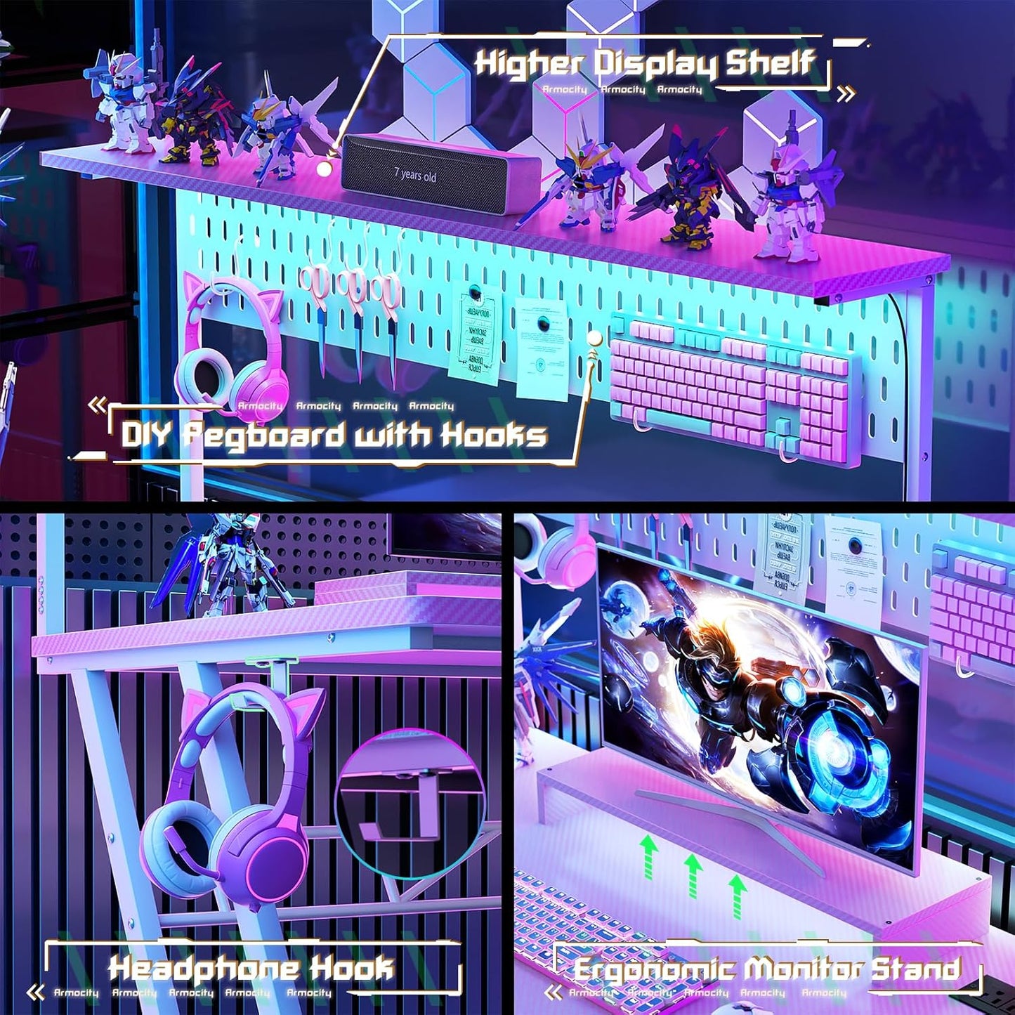 Armocity Pink Gaming Desk with Hutch and LED Lights, 53" Computer Desk with Storage Shelves, Reversible PC Gaming Desk with Pegboard, Gamer Desks for Bedroom, Carbon Fiber Surface