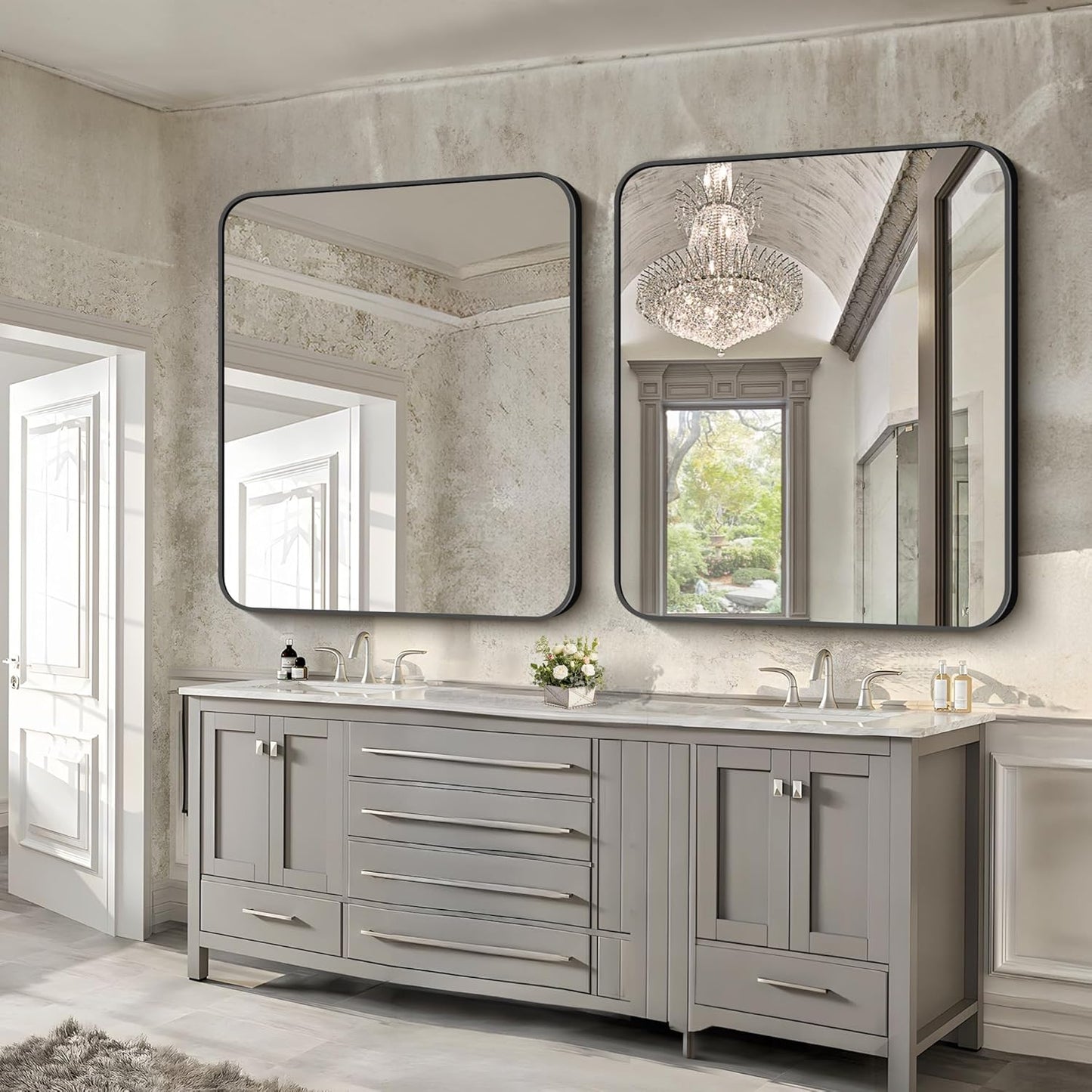 FORBATH Black Bathroom Mirror 40 x 48 Inch, Rectangular Vanity Mirror Wall Rounded Corner Metal Framed Bathroom Mirror for Living Room Bedroom Entryway Decor (Horizontal/Vertical)