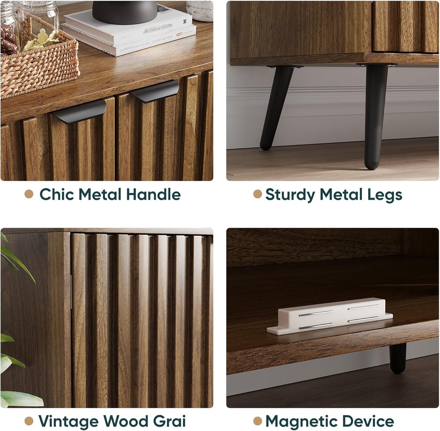 Semiocthome Walnut Buffet Cabinet with Storage, Large Sideboard Cabinet with 4 Fluted Doors and Metal Legs, Storage Cabinet with Adjustable Shelf, Accent Table for Living Room, Dining Room, Kitchen