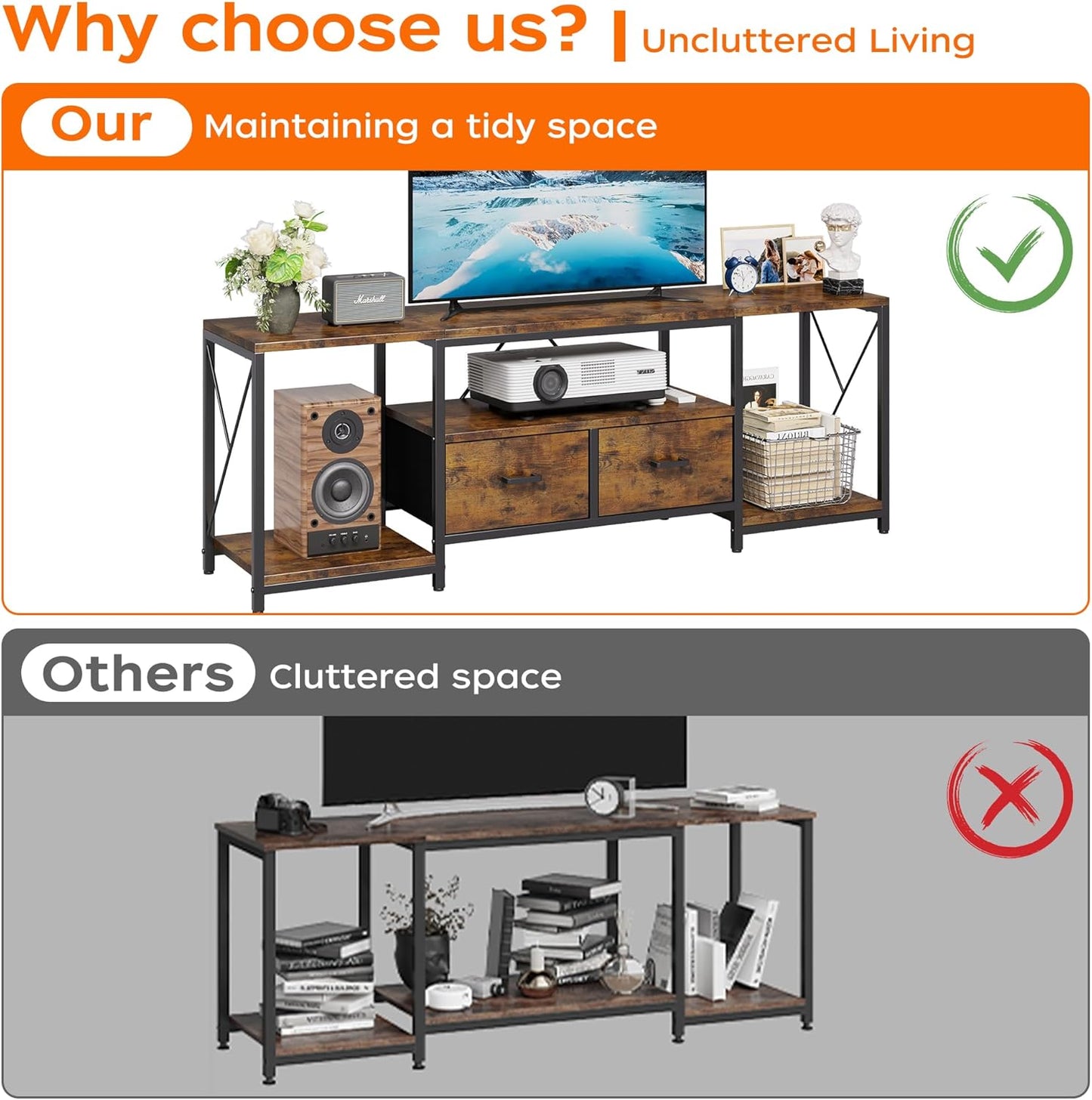 Homeiju TV Stand for TVs up to 75 Inch, Entertainment Center with Fabric Drawers, TV Media Console Table with Open Storage Shelves for Living Room, Bedroom, Rustic Brown