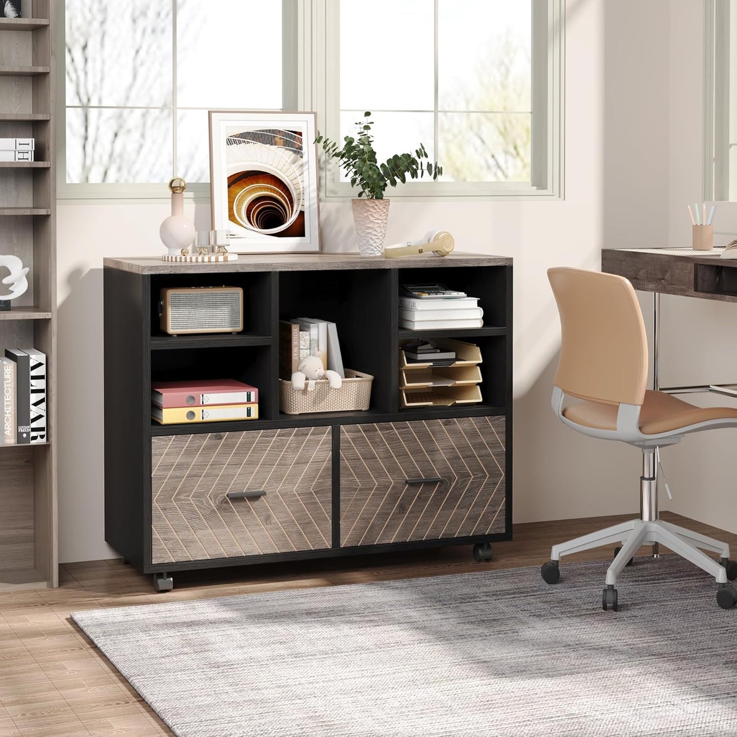 Tribesigns 2-Drawer Wood File Cabinet, Mobile Lateral Filing Cabinet for Hanging Letter Size Files, Printer Stand with Open Storage Shelves for Home Office (Gray & Black)