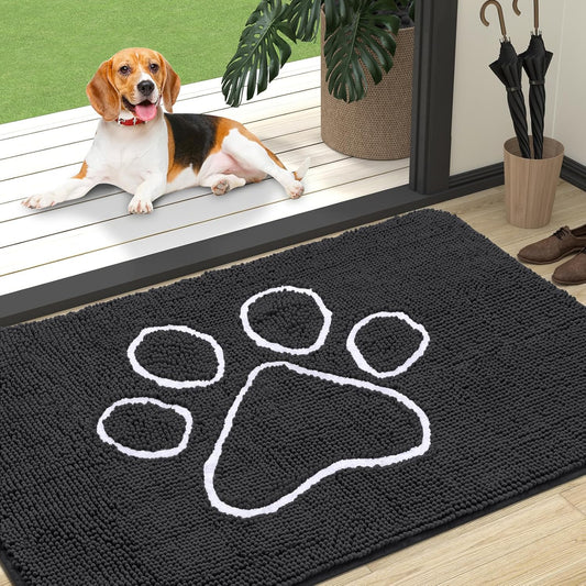 OLANLY Door Mat for Muddy Dog Paws 47x32, Ultra Absorbent Chenille Mud Doormat with Paw Print Design, Non-Slip Washable Doormat for Indoor Entryway, Quick-Dry Pet Bed Mats for Dirty Dogs, Dark Grey