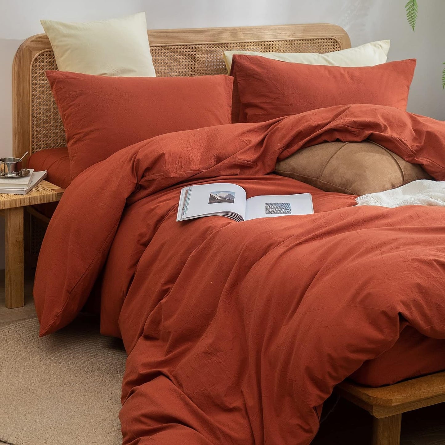 BESTOUCH Duvet Cover Set 100% Washed Cotton Linen Feel Super Soft Comfortable Chic Lightweight 3 PCs Home Bedding Set Solid Burnt Brick Red Cal King