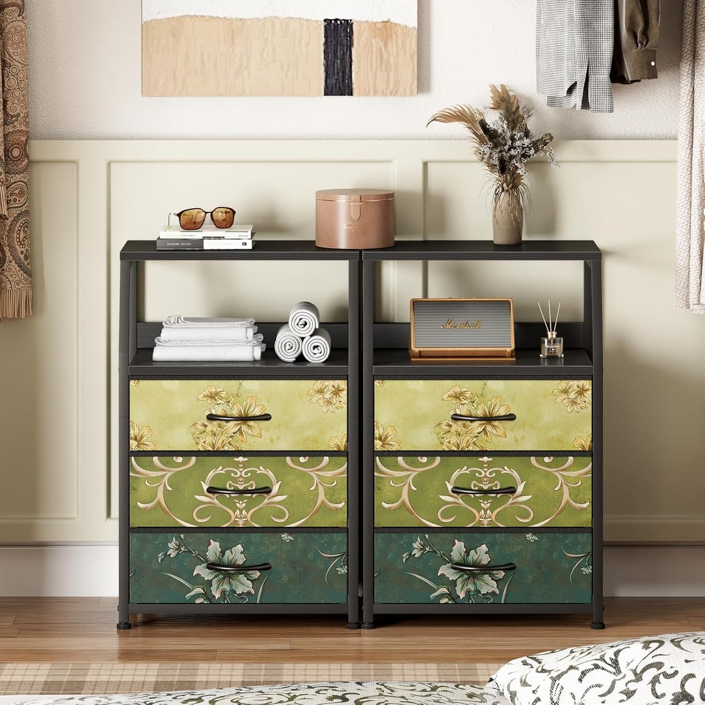 Furnulem Retro Night Stand with 3 Drawers and 2-Tier Shelf, Small Nightstand Side Table, Vintage Storage Dresser for Bedroom, Fabric Drawer Organizer for Closet, Beside Furniture