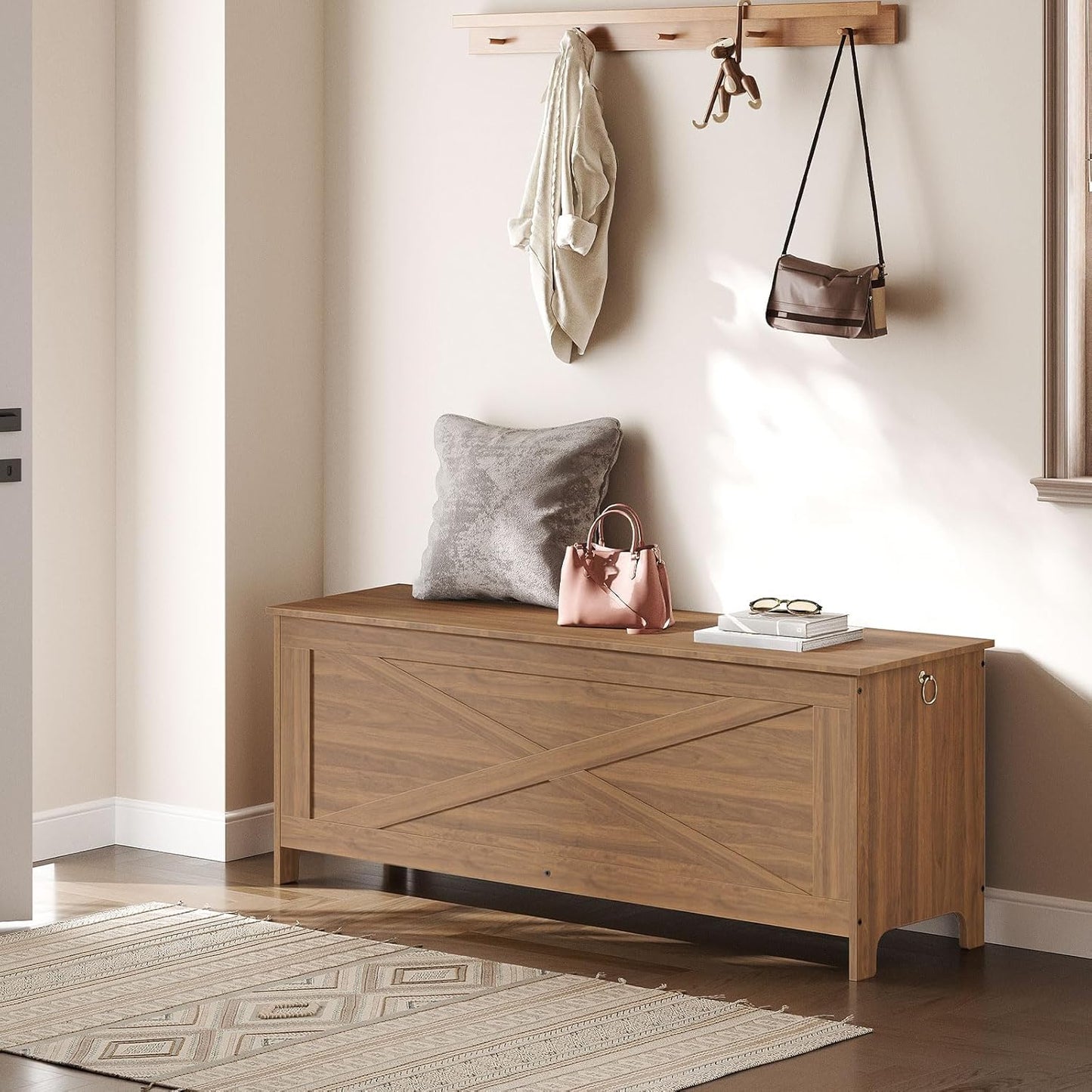 47.2" Toy Chest, Sturdy Entryway Storage Chest with Safety Hinge, Retro Toy Box, Wooden Look Accent Furniture for Living Room, Bedroom, Honey Brown SCOR48801